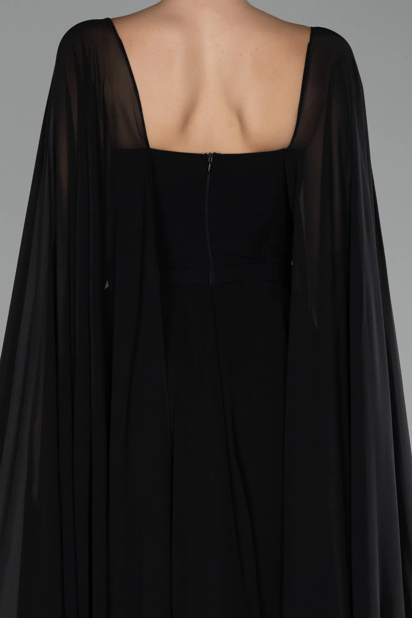 Black-Strapless Shawl Sleeve Long Chiffon Evening Dress ABU4158