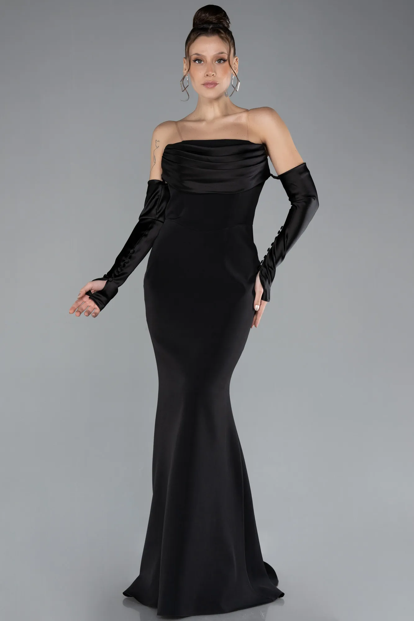 Black-Strapless Sleeve Accessories Long Mermaid Prom Dress ABU4398