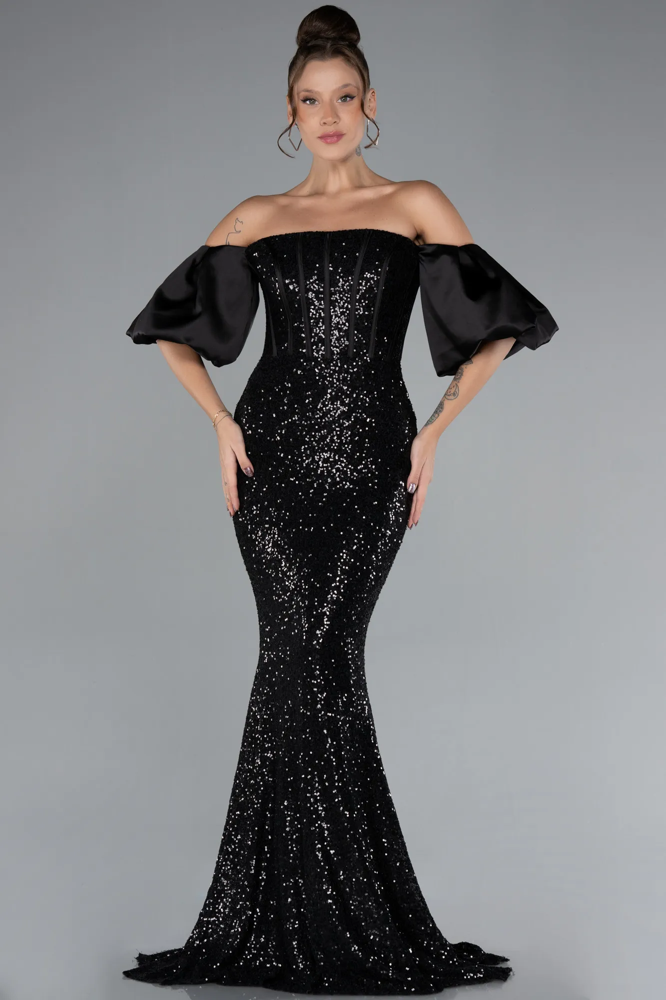 Black-Strapless Sleeve Accessories Long Scaly Evening Gown ABU4308