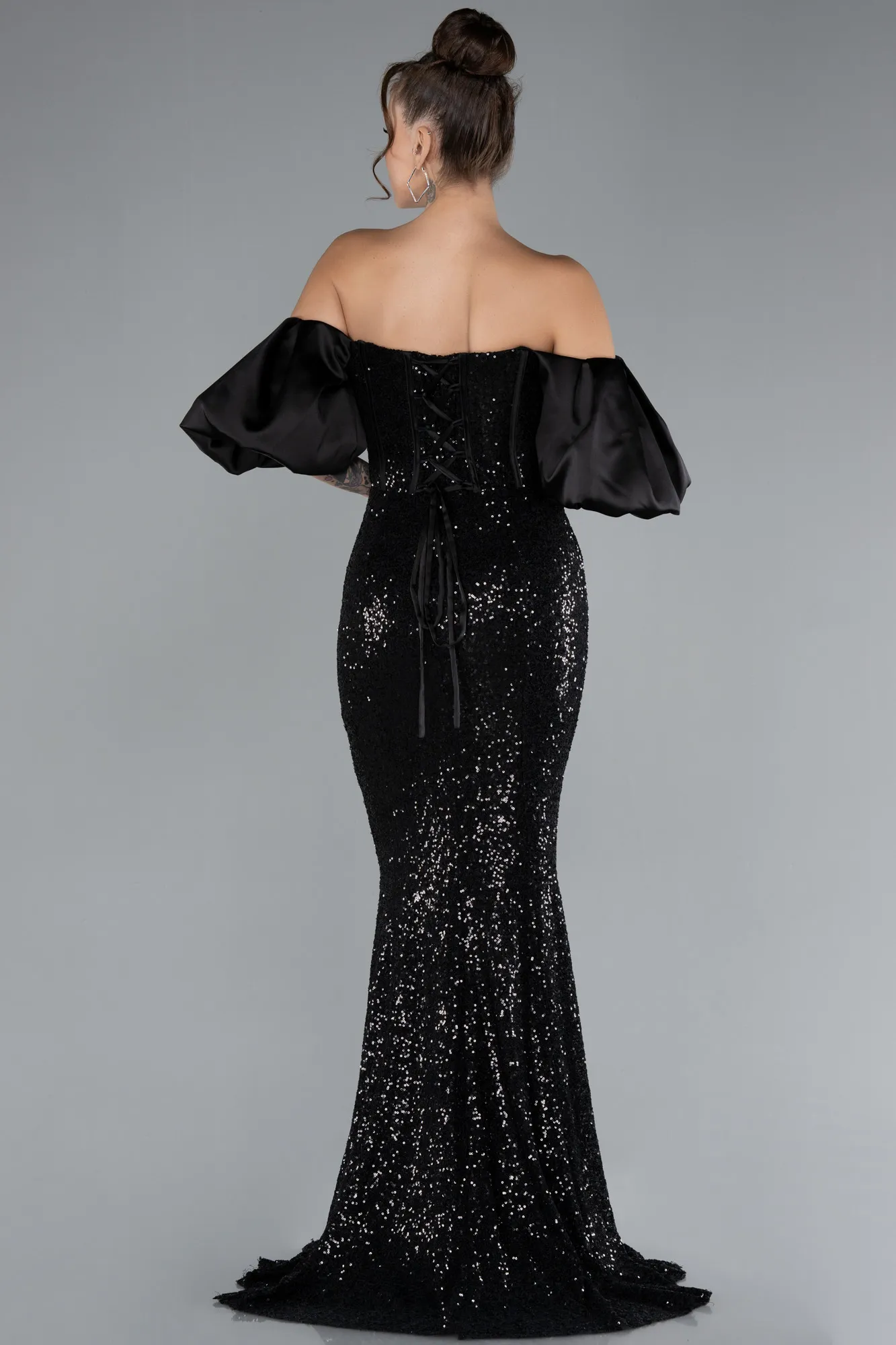 Black-Strapless Sleeve Accessories Long Scaly Evening Gown ABU4308