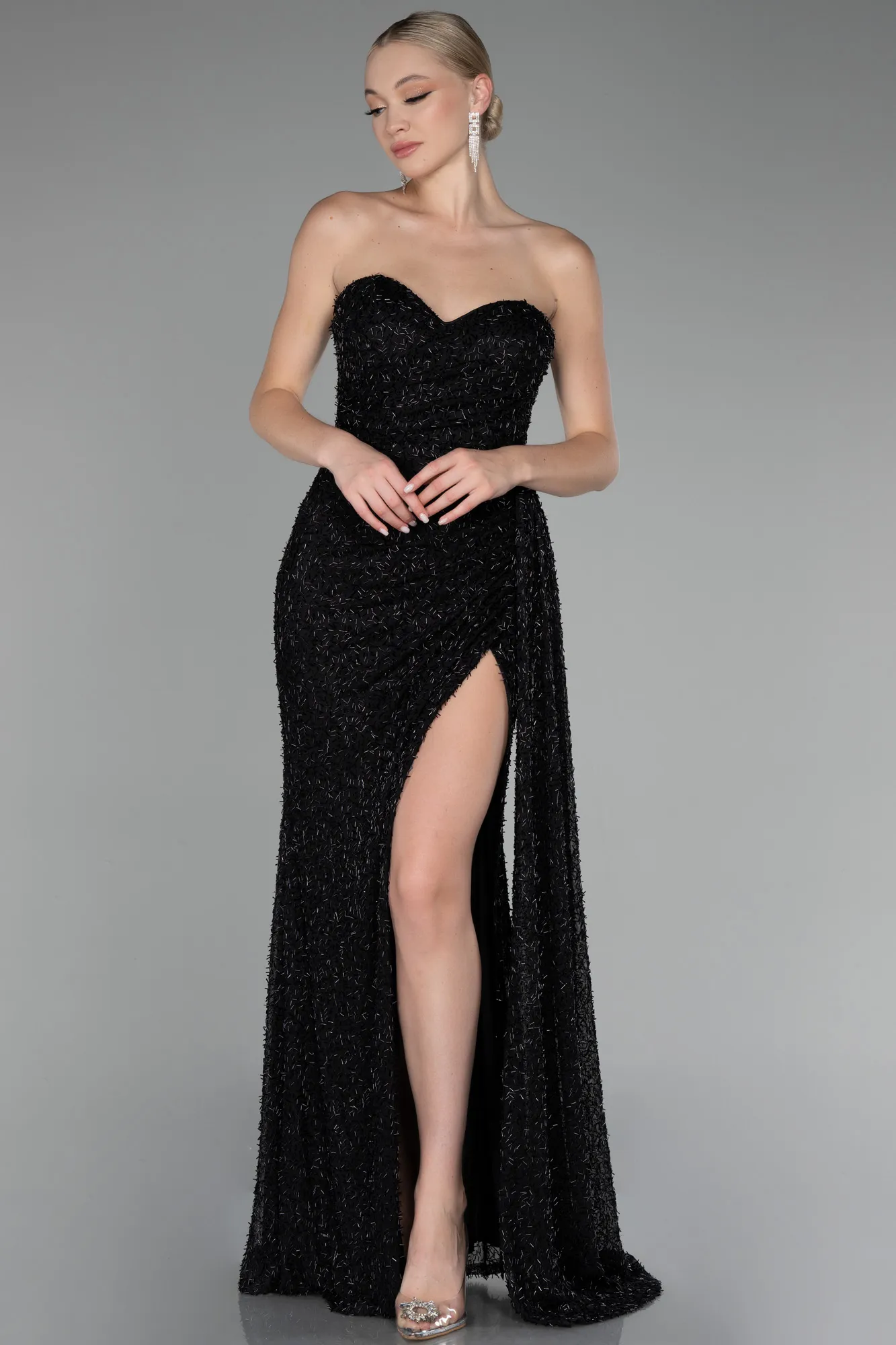 Black-Strapless Slit Beaded Long Evening Gown ABU4114