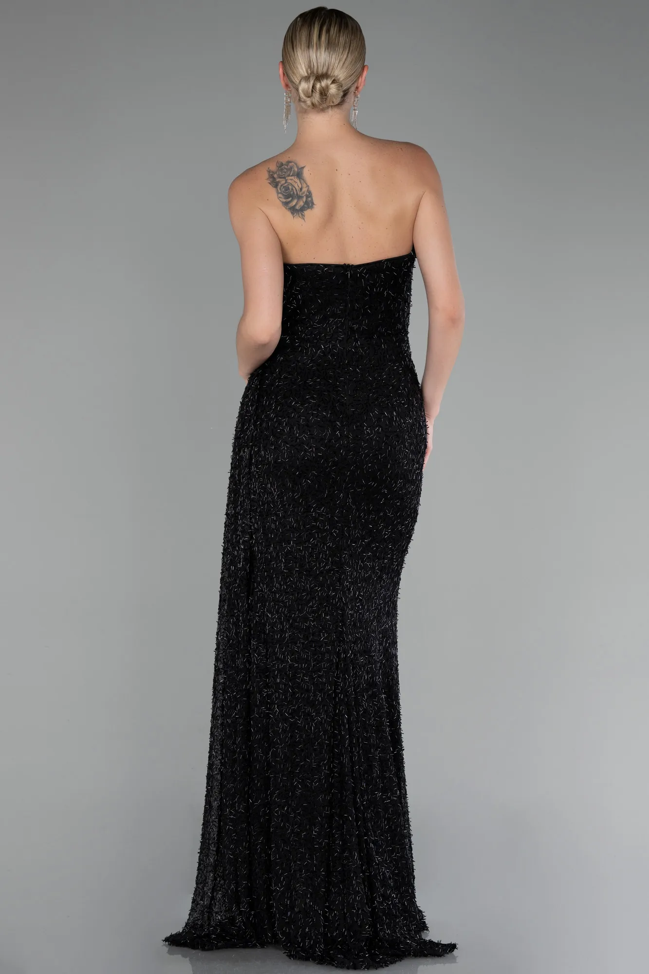 Black-Strapless Slit Beaded Long Evening Gown ABU4114