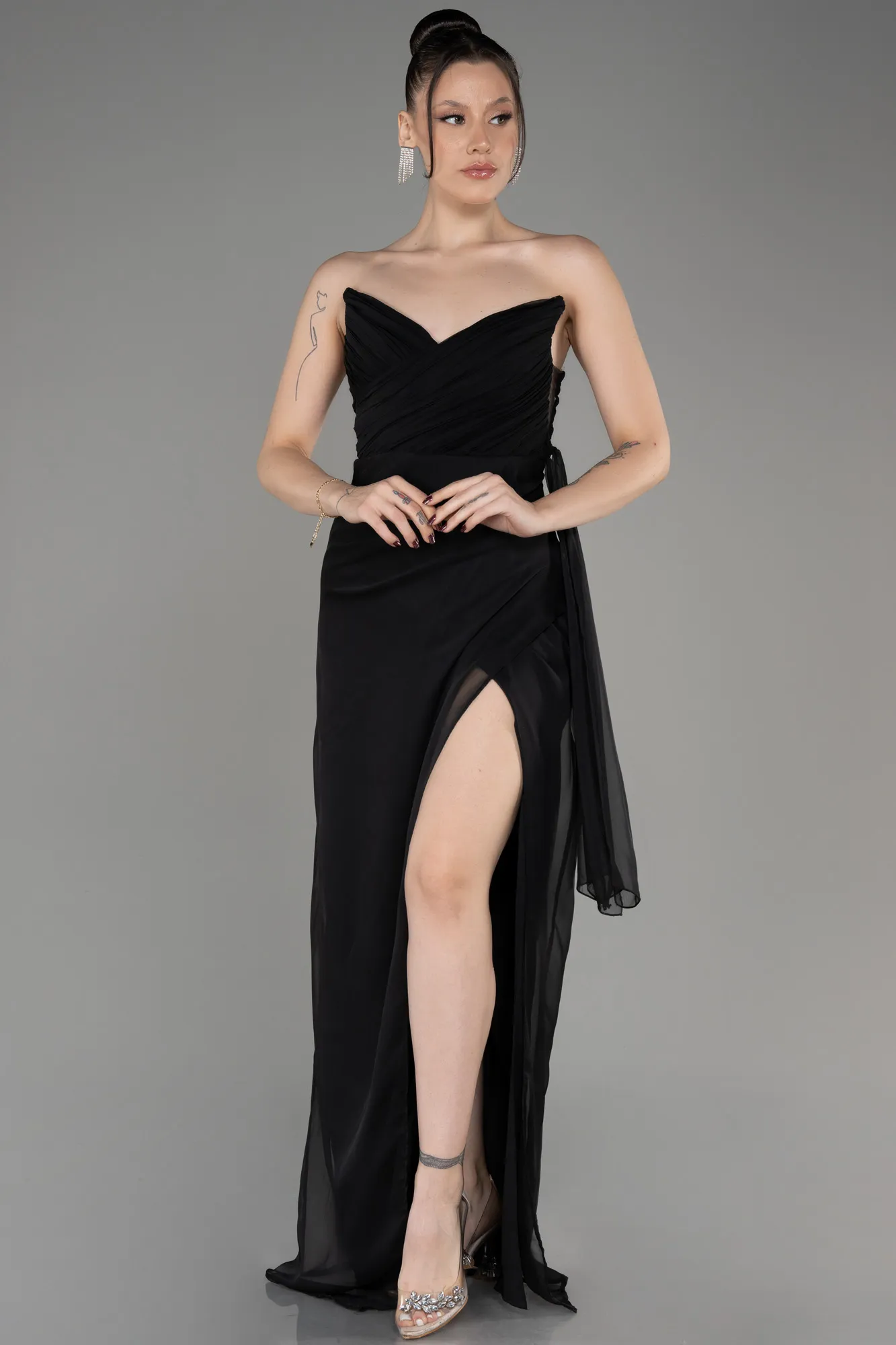 Black-Strapless Slit Long Chiffon Evening Dress ABU3947