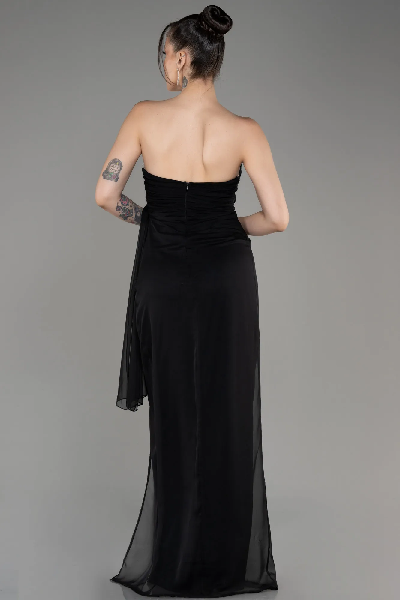 Black-Strapless Slit Long Chiffon Evening Dress ABU3947