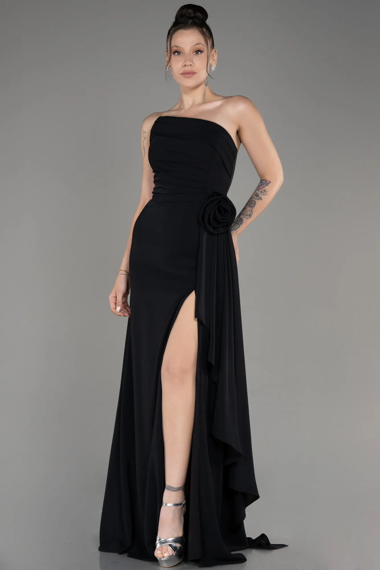 Black-Strapless Slit Long Chiffon Evening Dress ABU3974