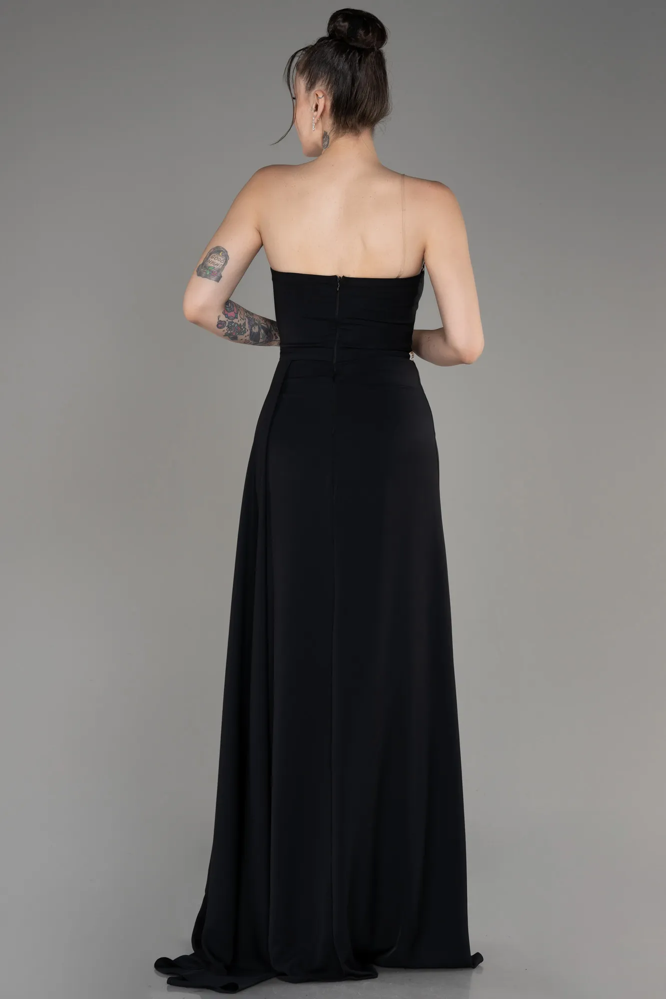 Black-Strapless Slit Long Chiffon Evening Dress ABU3974