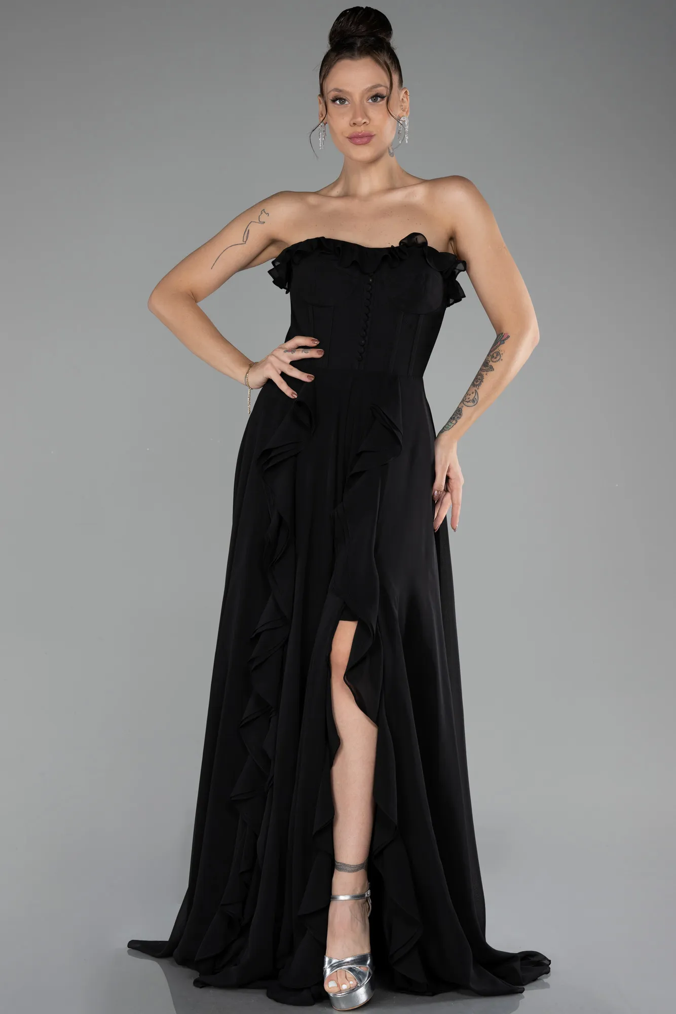 Black-Strapless Slit Long Chiffon Prom Dress ABU4214