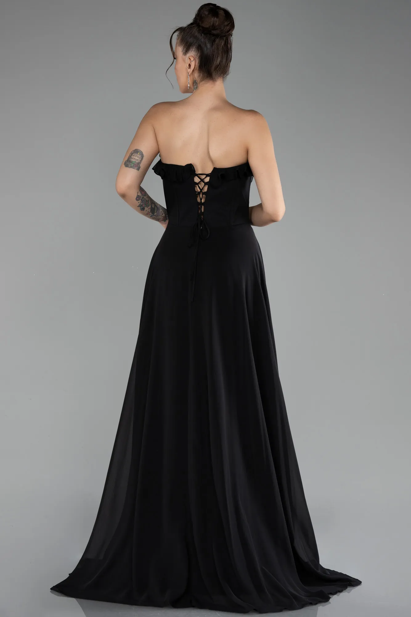 Black-Strapless Slit Long Chiffon Prom Dress ABU4214