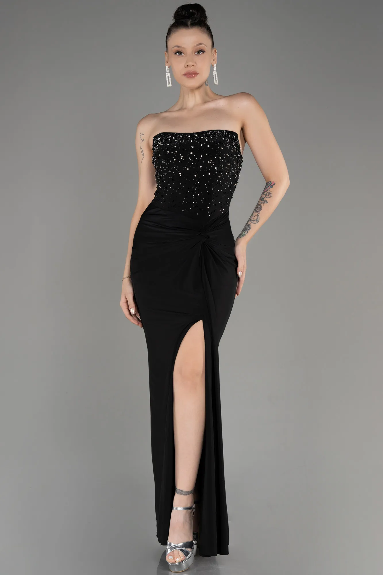 Black-Strapless Slit Long Evening Dress ABU3977