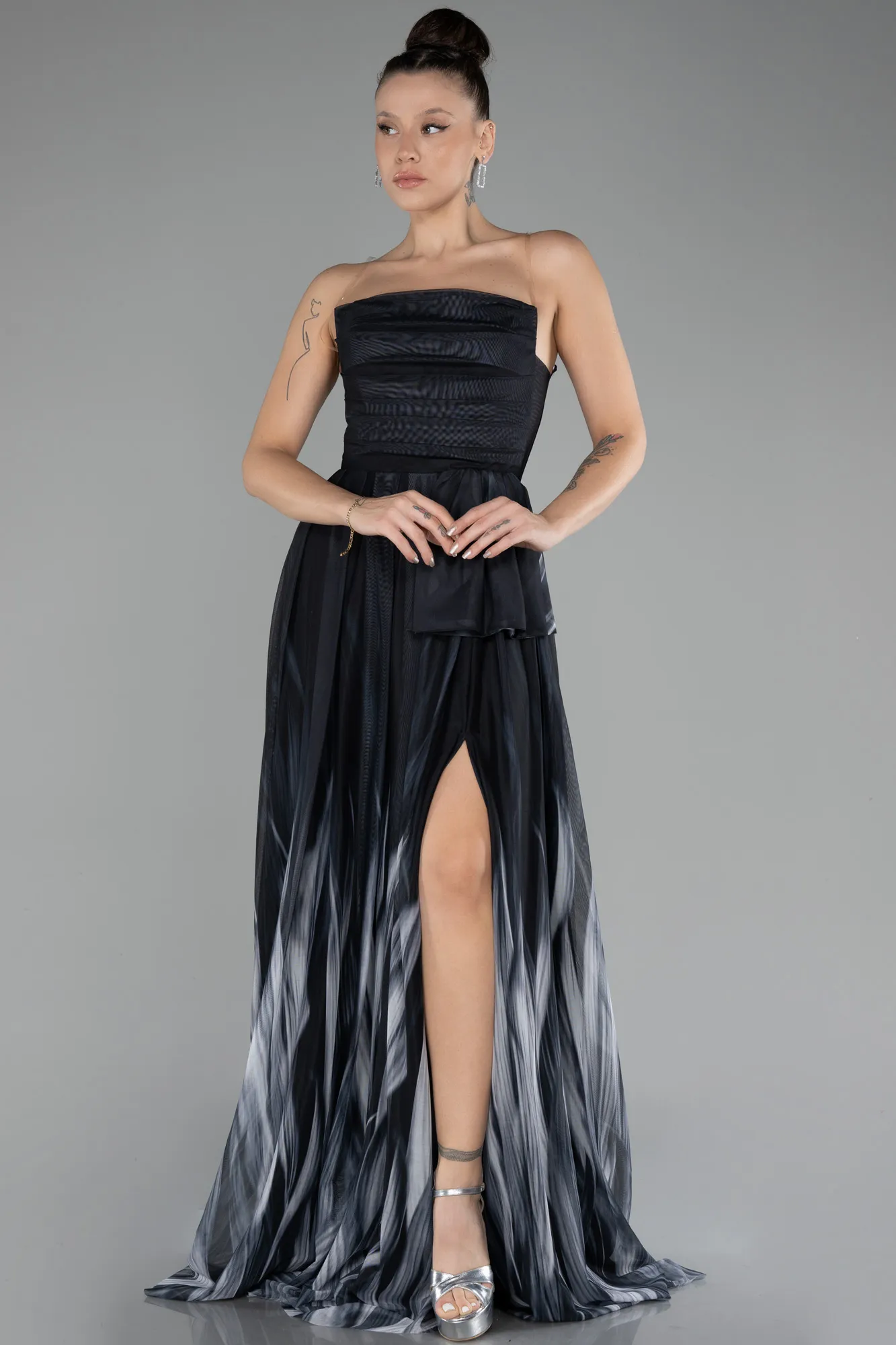 Black-Strapless Slit Long Patterned Prom Gown ABU4253