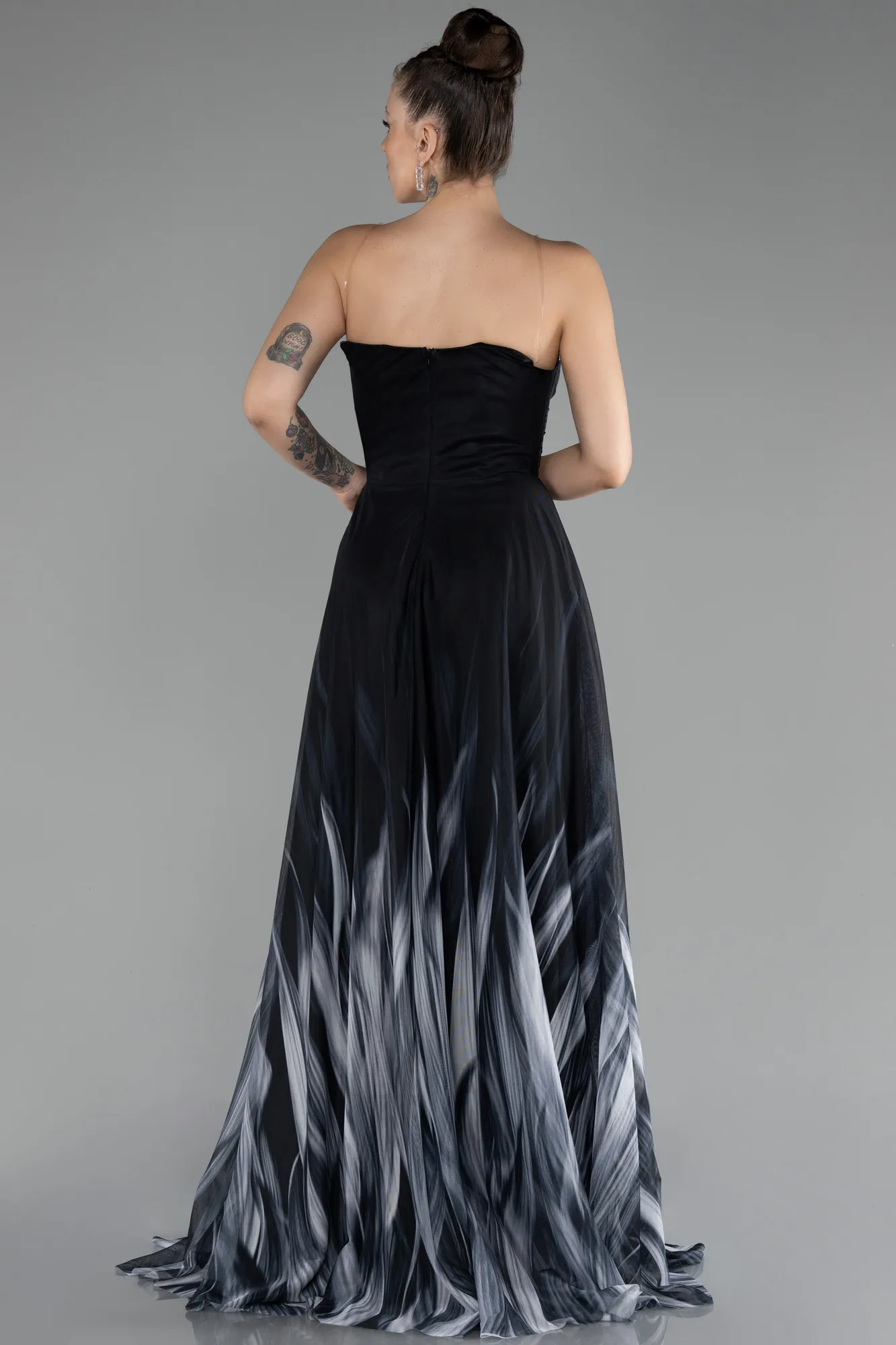 Black-Strapless Slit Long Patterned Prom Gown ABU4253