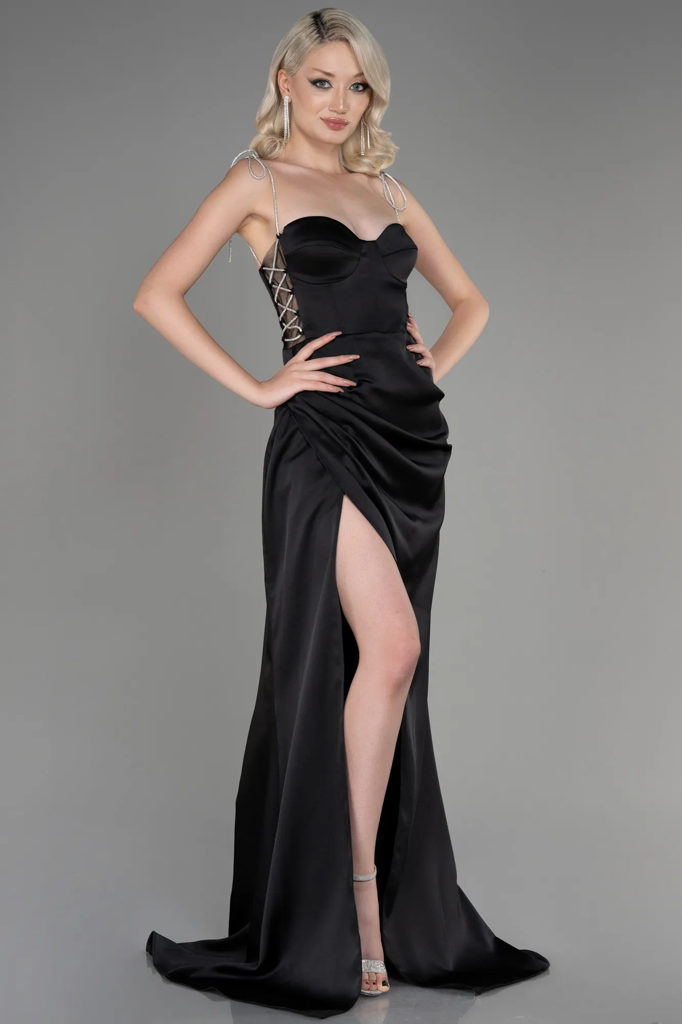 Black-Strapless Slit Long Satin Evening Dress ABU3866