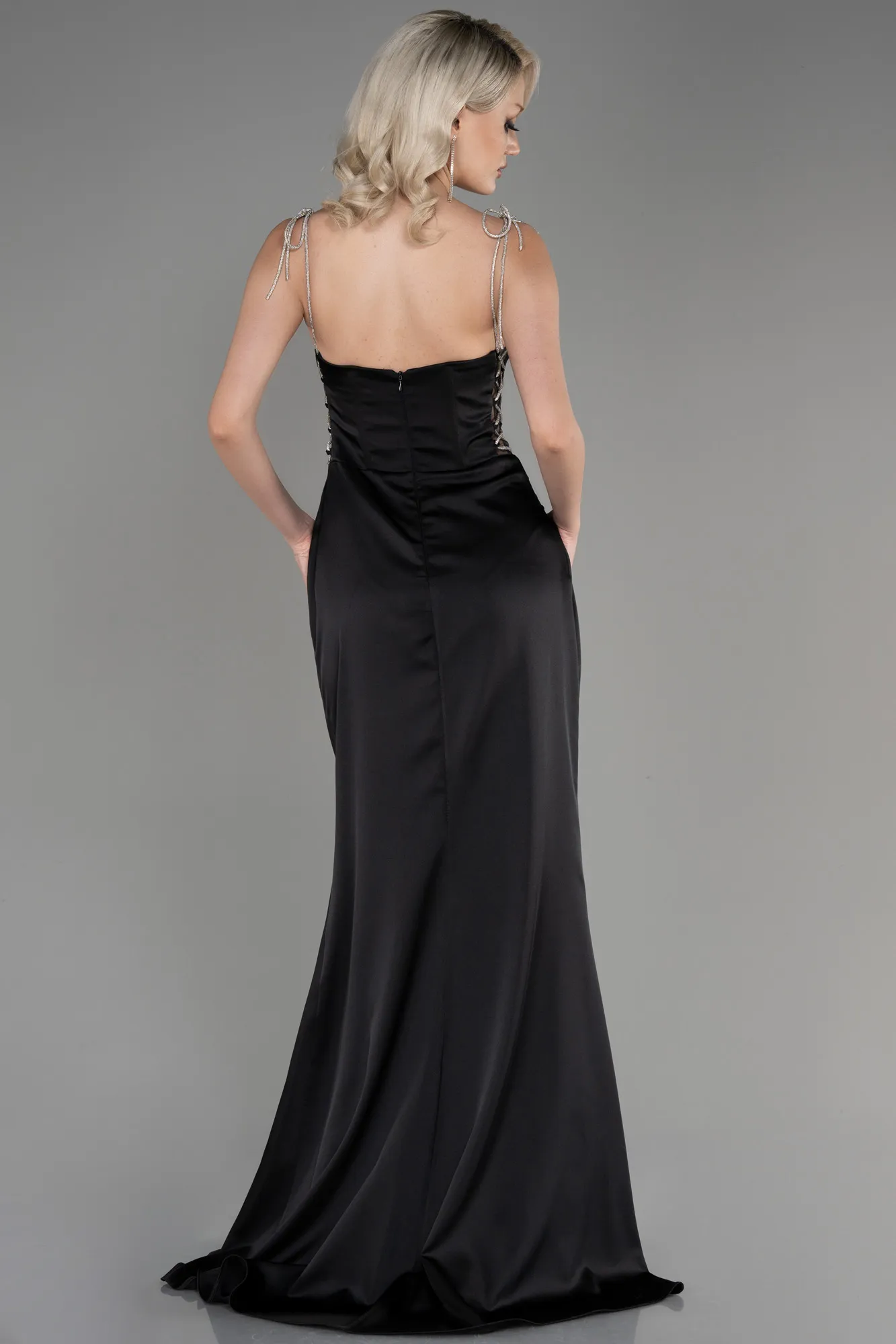 Black-Strapless Slit Long Satin Evening Dress ABU3866