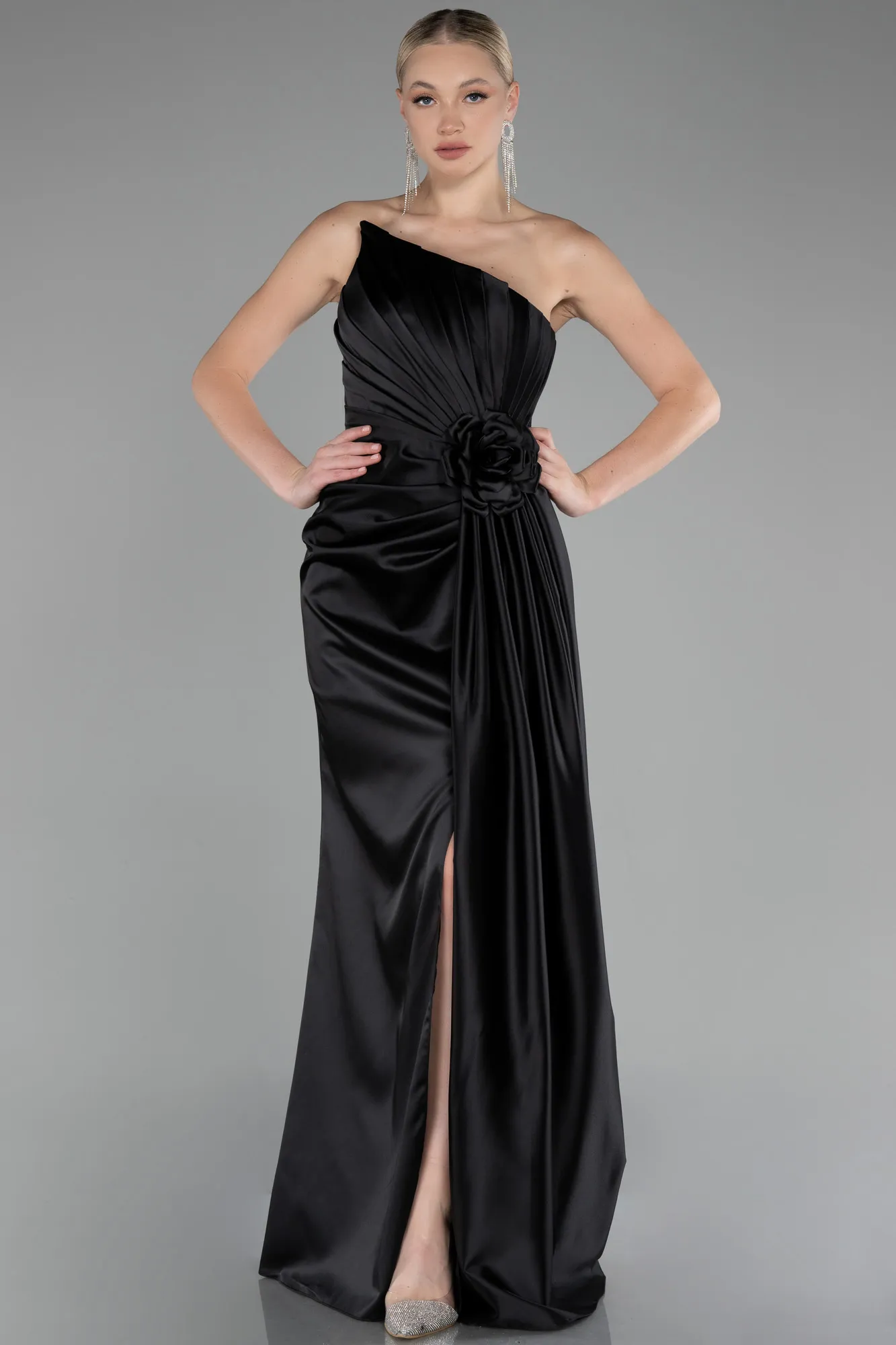 Black-Strapless Slit Long Satin Evening Dress ABU4174