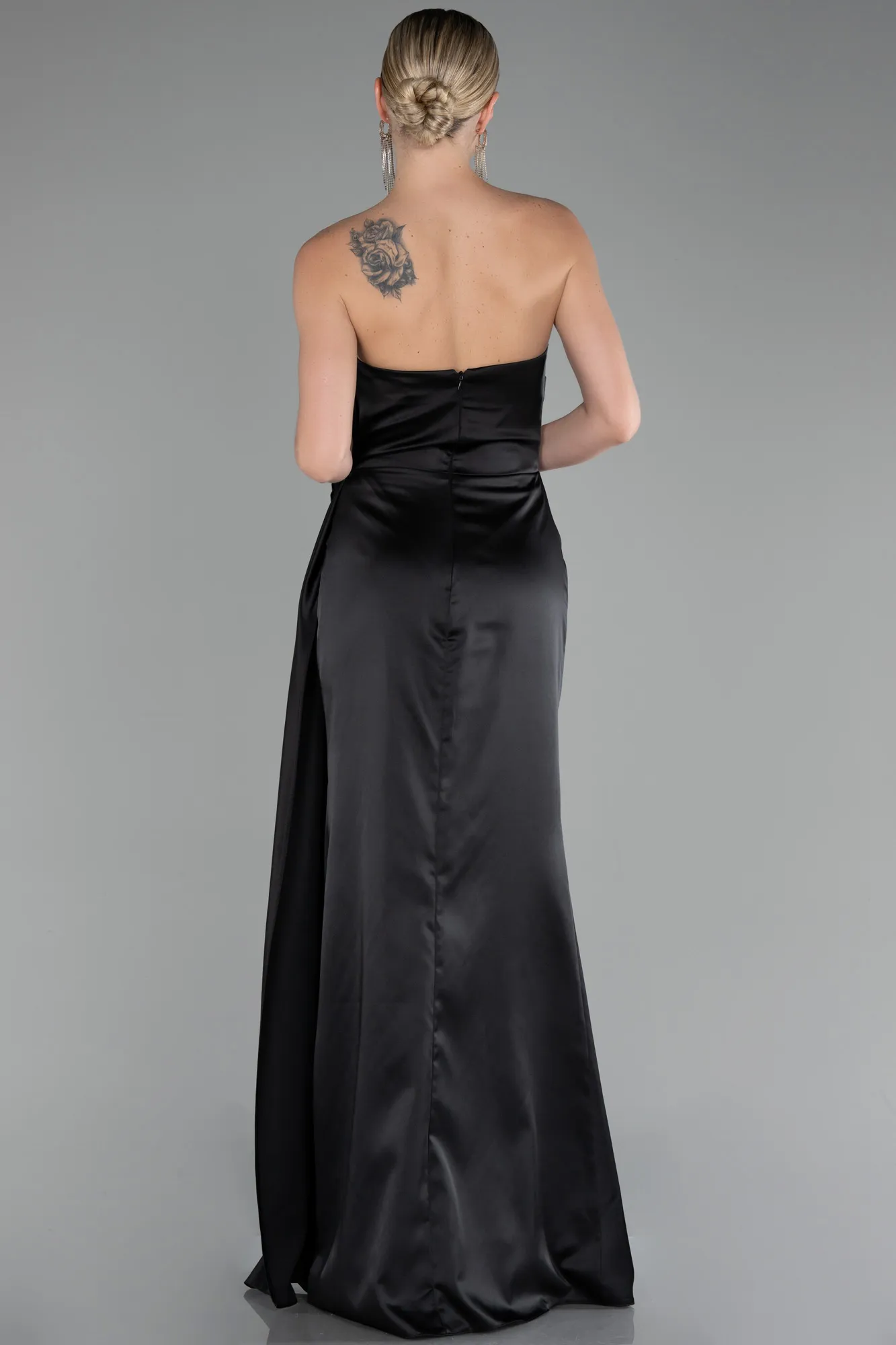 Black-Strapless Slit Long Satin Evening Dress ABU4174