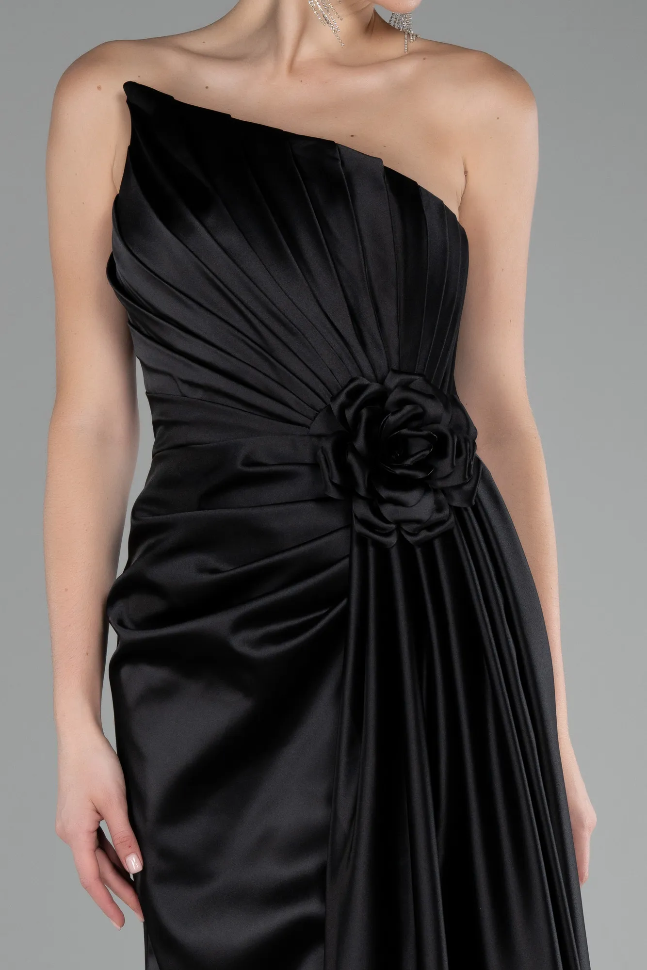 Black-Strapless Slit Long Satin Evening Dress ABU4174