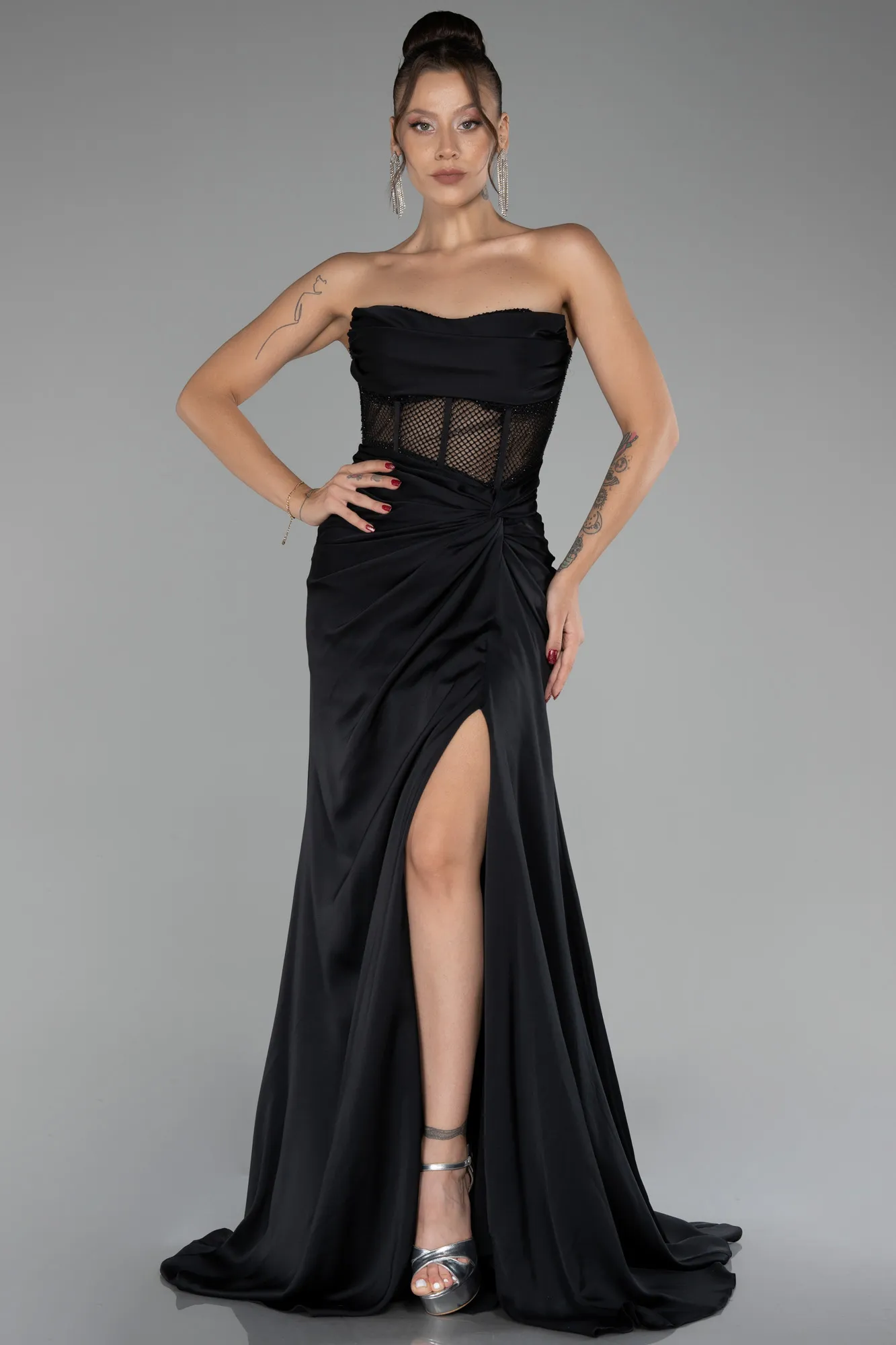 Black-Strapless Slit Long Satin Evening Gown ABU4155