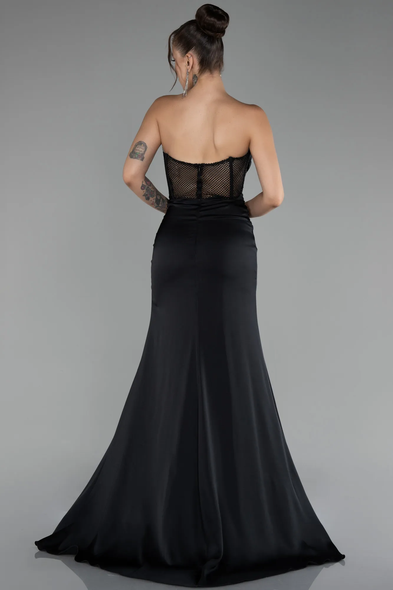 Black-Strapless Slit Long Satin Evening Gown ABU4155