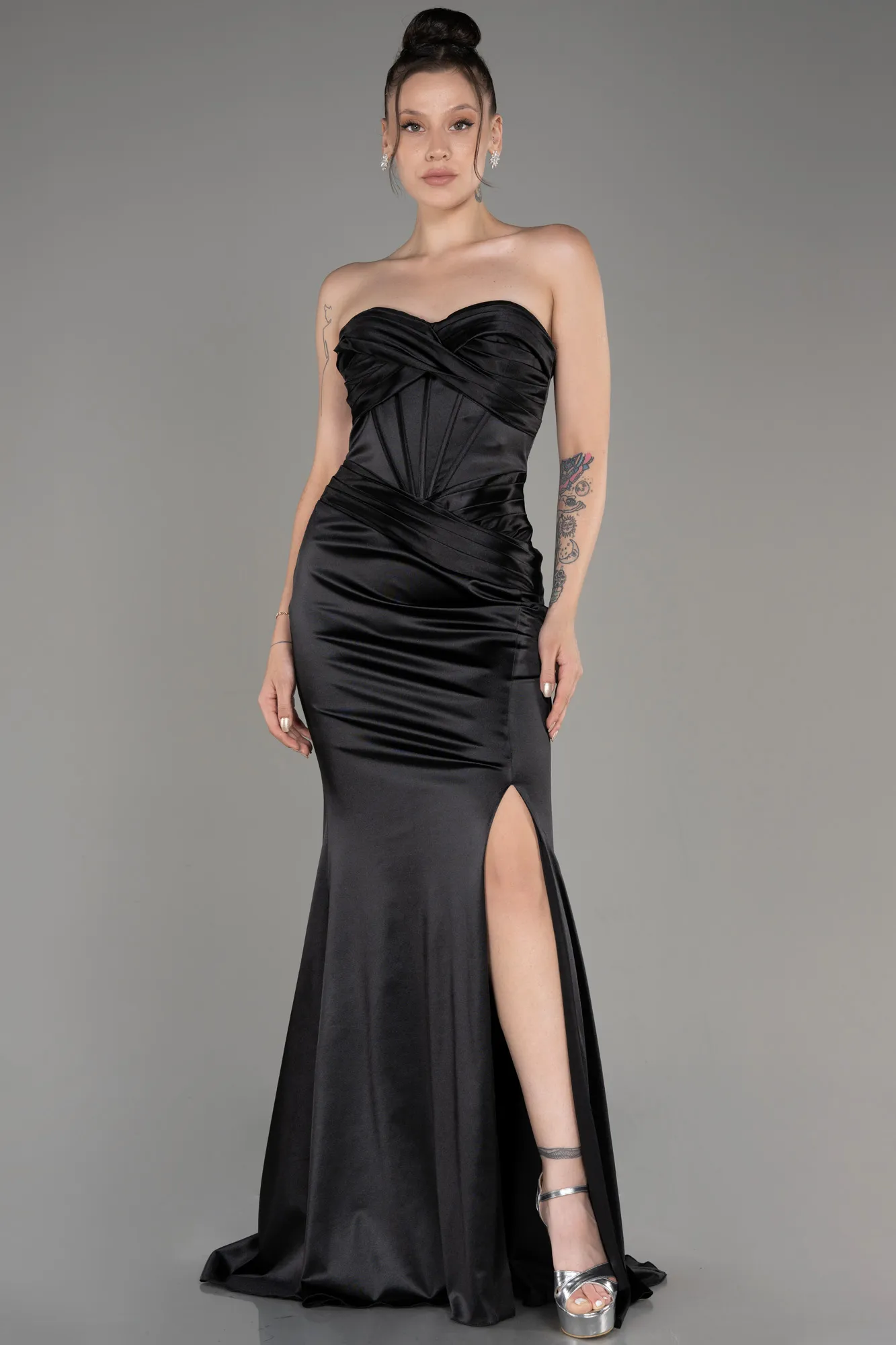 Black-Strapless Slit Long Satin Prom Dress ABU3979