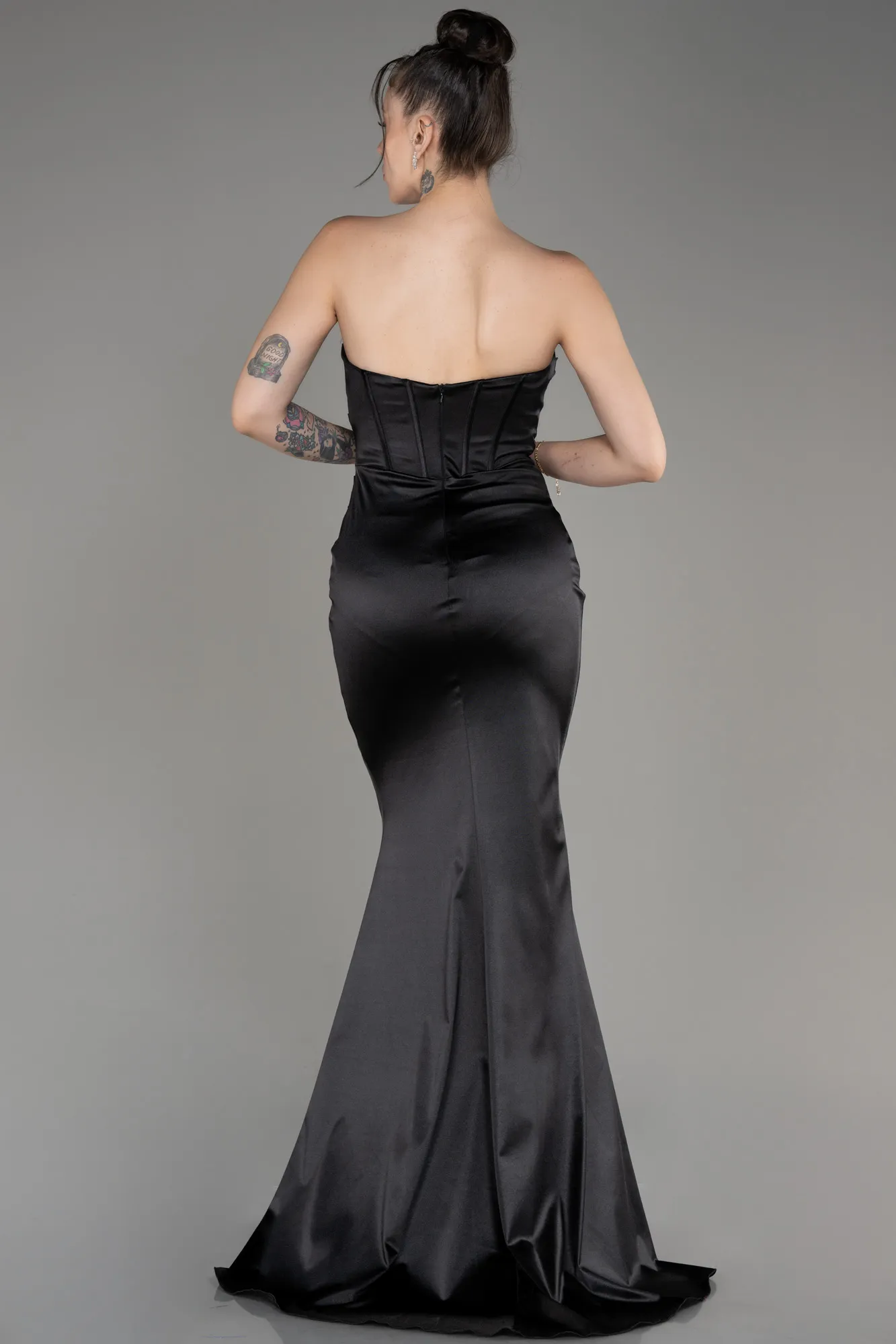 Black-Strapless Slit Long Satin Prom Dress ABU3979