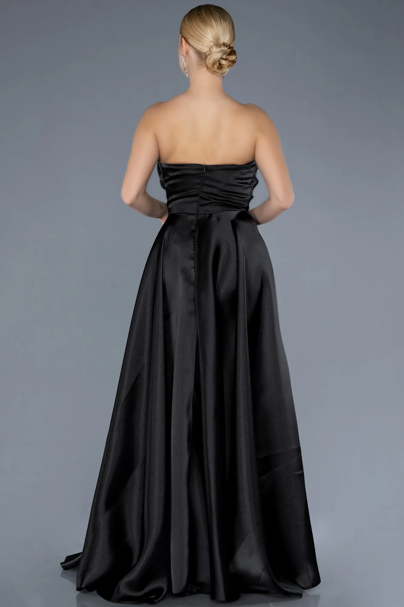 Black-Strapless Slit Long Satin Prom Dress ABU4561