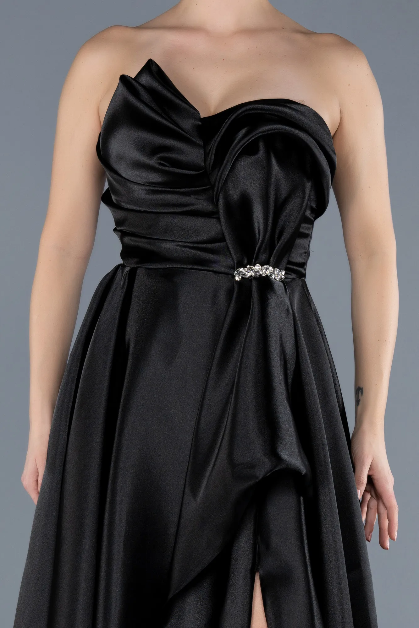 Black-Strapless Slit Long Satin Prom Dress ABU4561