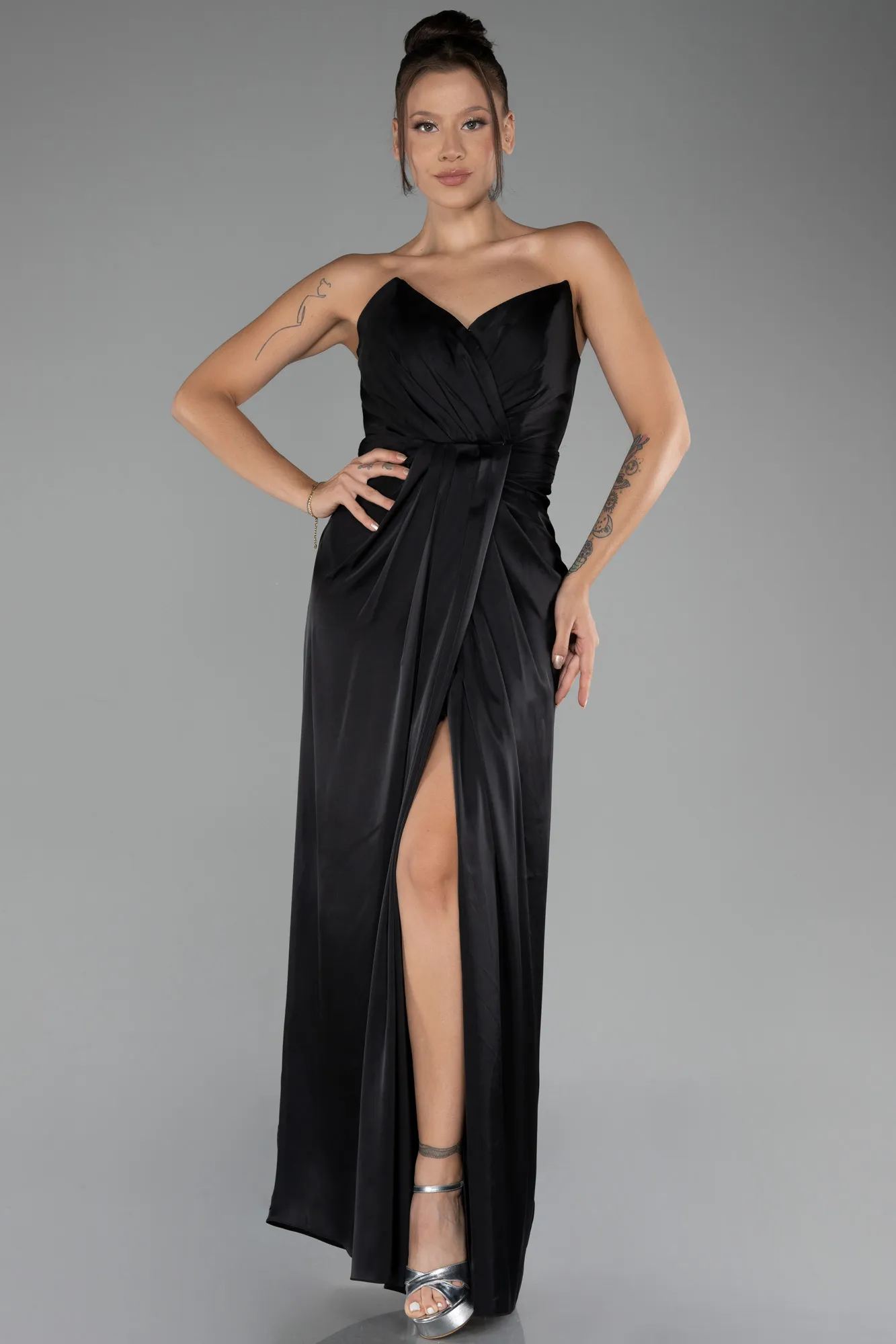 Black-Strapless Slit Long Satin Prom Gown ABU4071