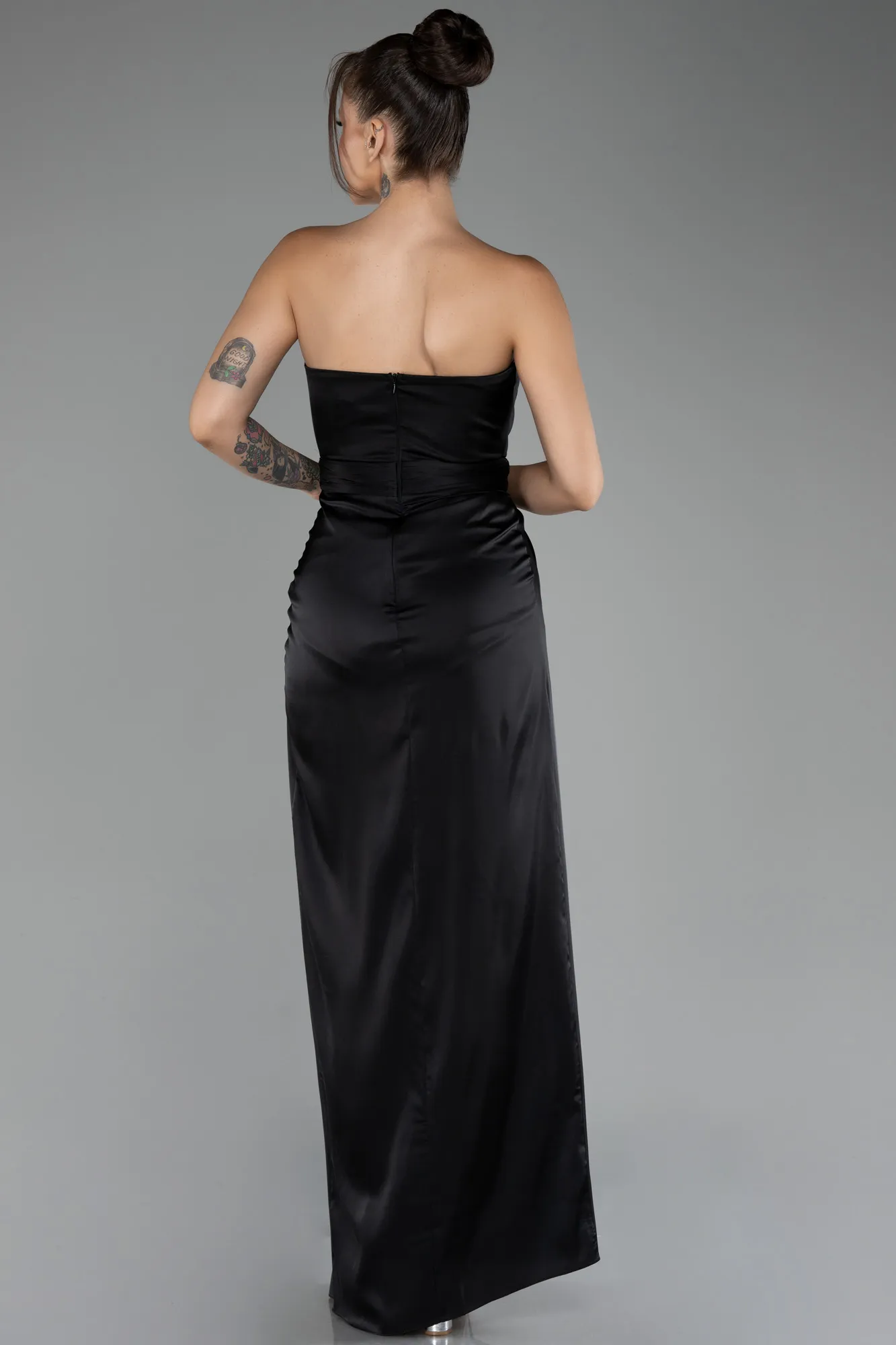 Black-Strapless Slit Long Satin Prom Gown ABU4071