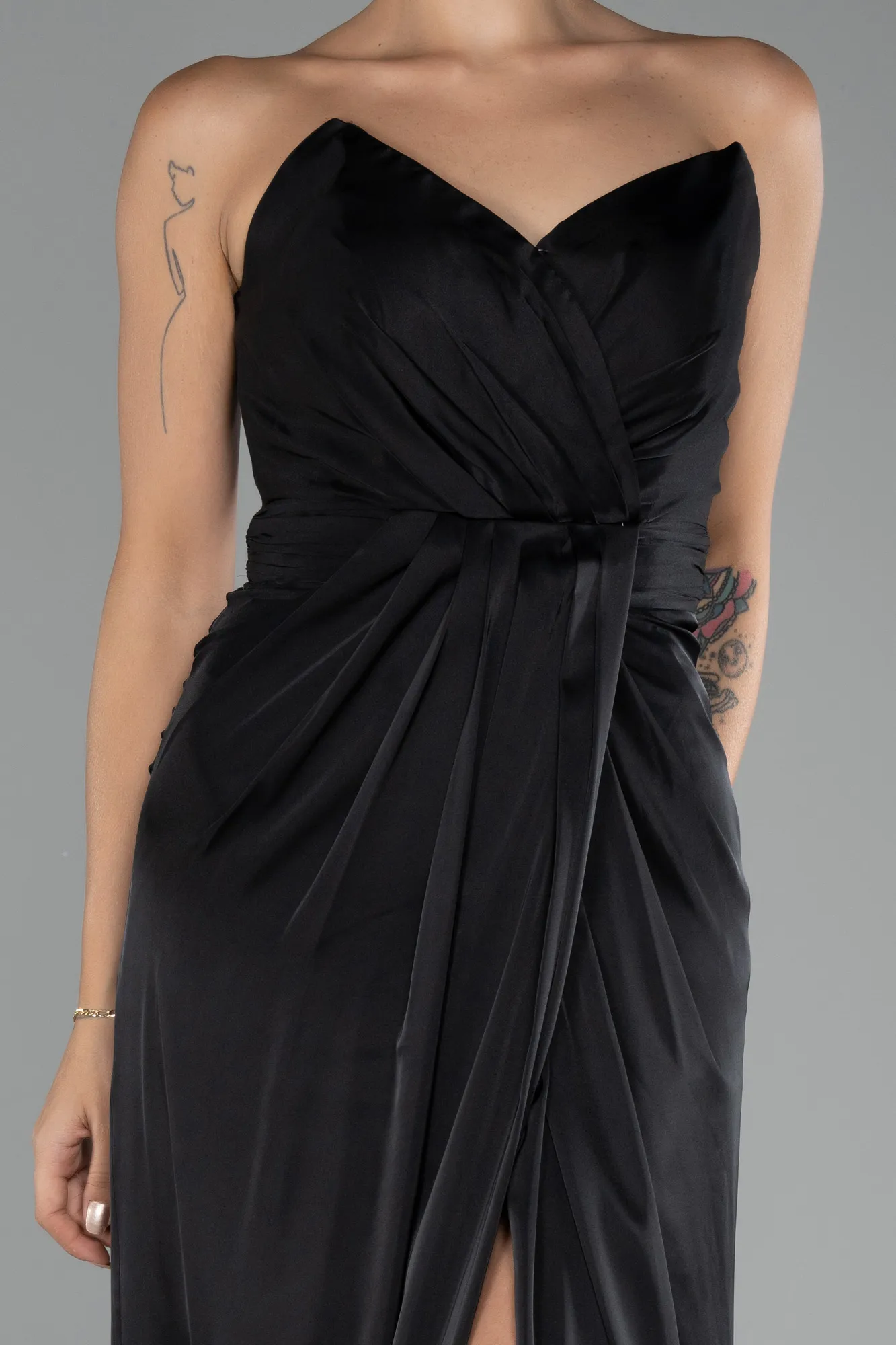 Black-Strapless Slit Long Satin Prom Gown ABU4071