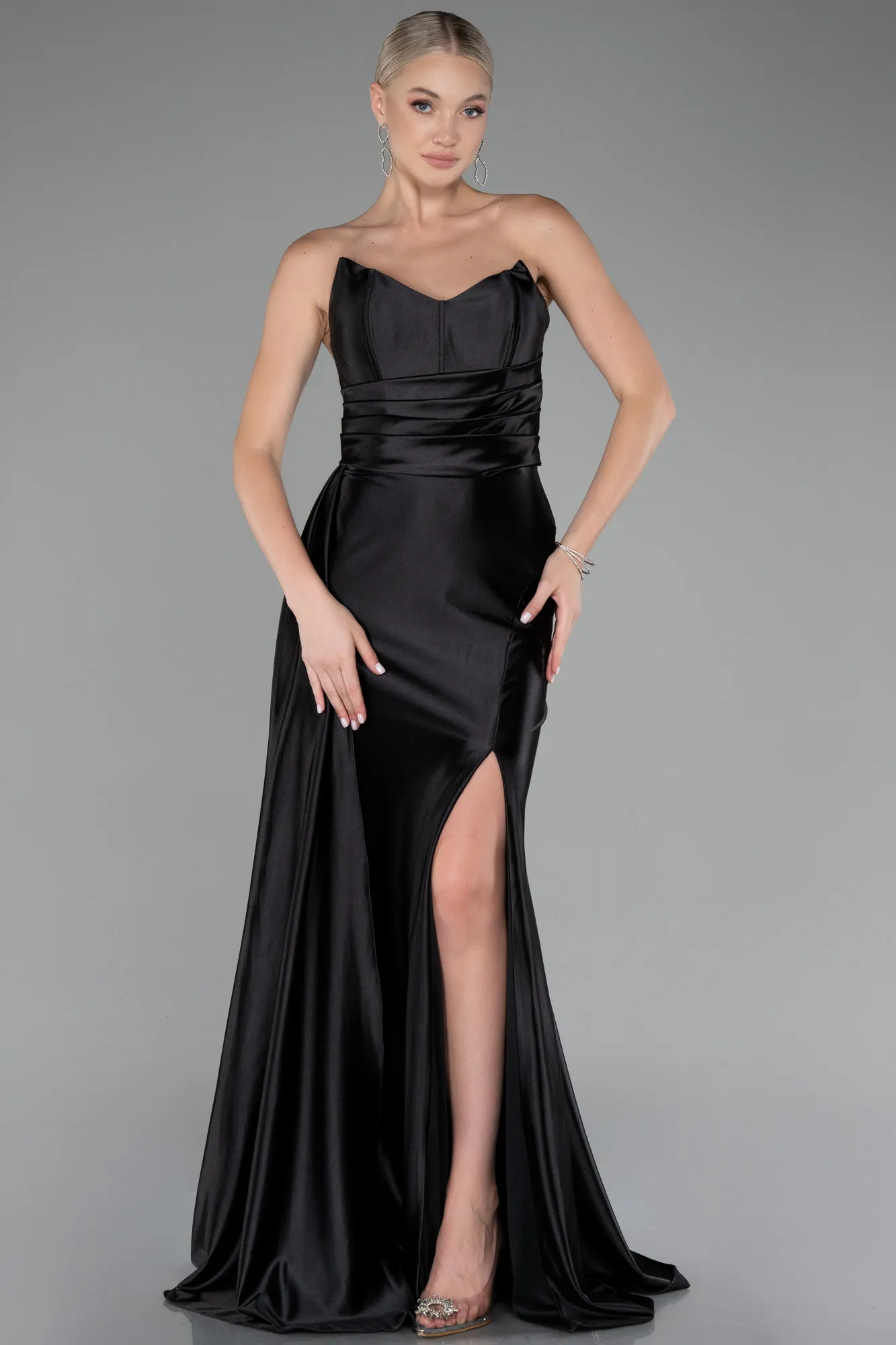 Black-Strapless Slit Long Satin Prom Gown ABU4072