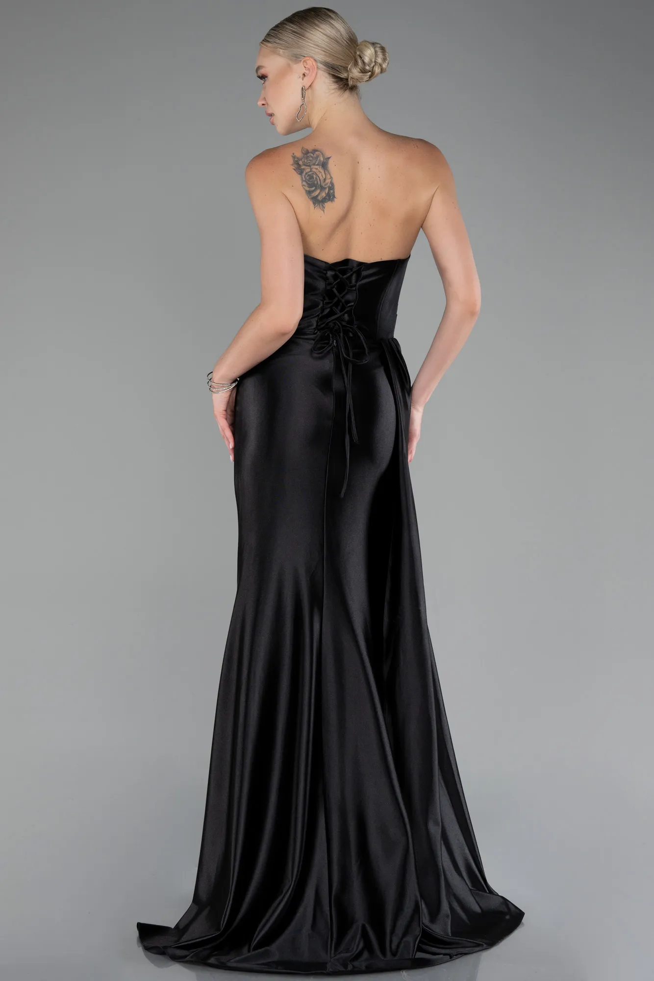 Black-Strapless Slit Long Satin Prom Gown ABU4072