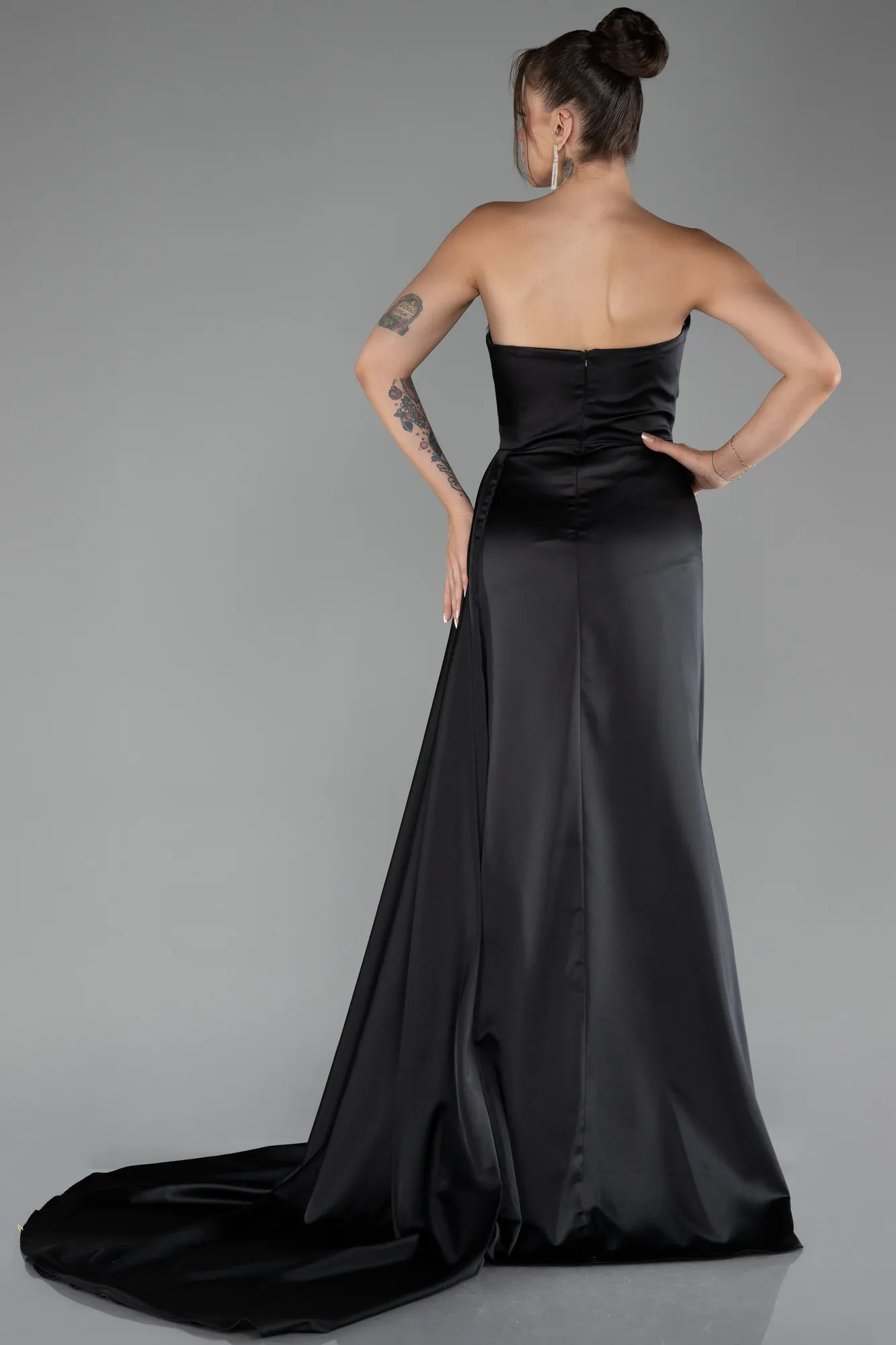 Black-Strapless Slit Long Satin Prom Gown ABU4093