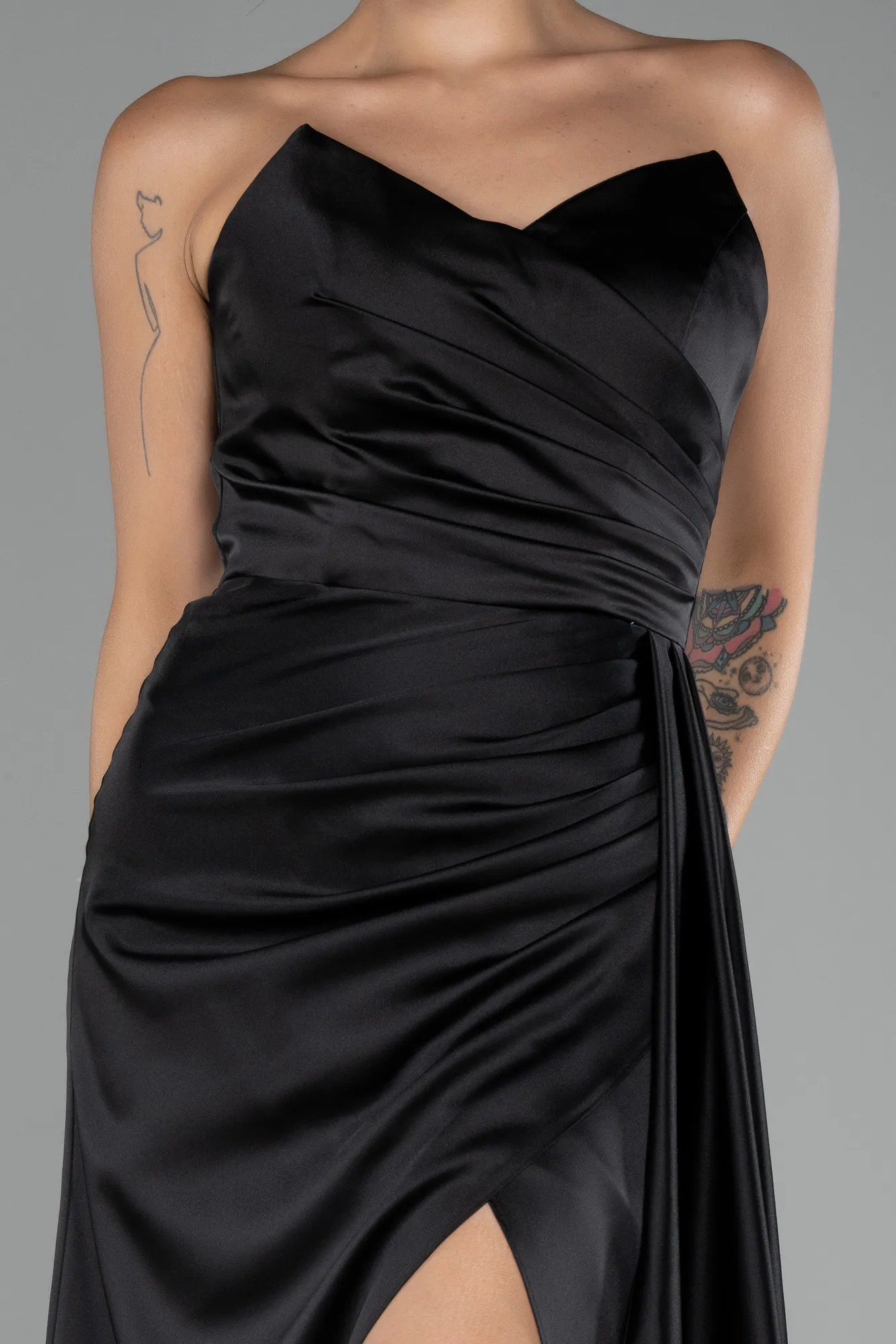 Black-Strapless Slit Long Satin Prom Gown ABU4093