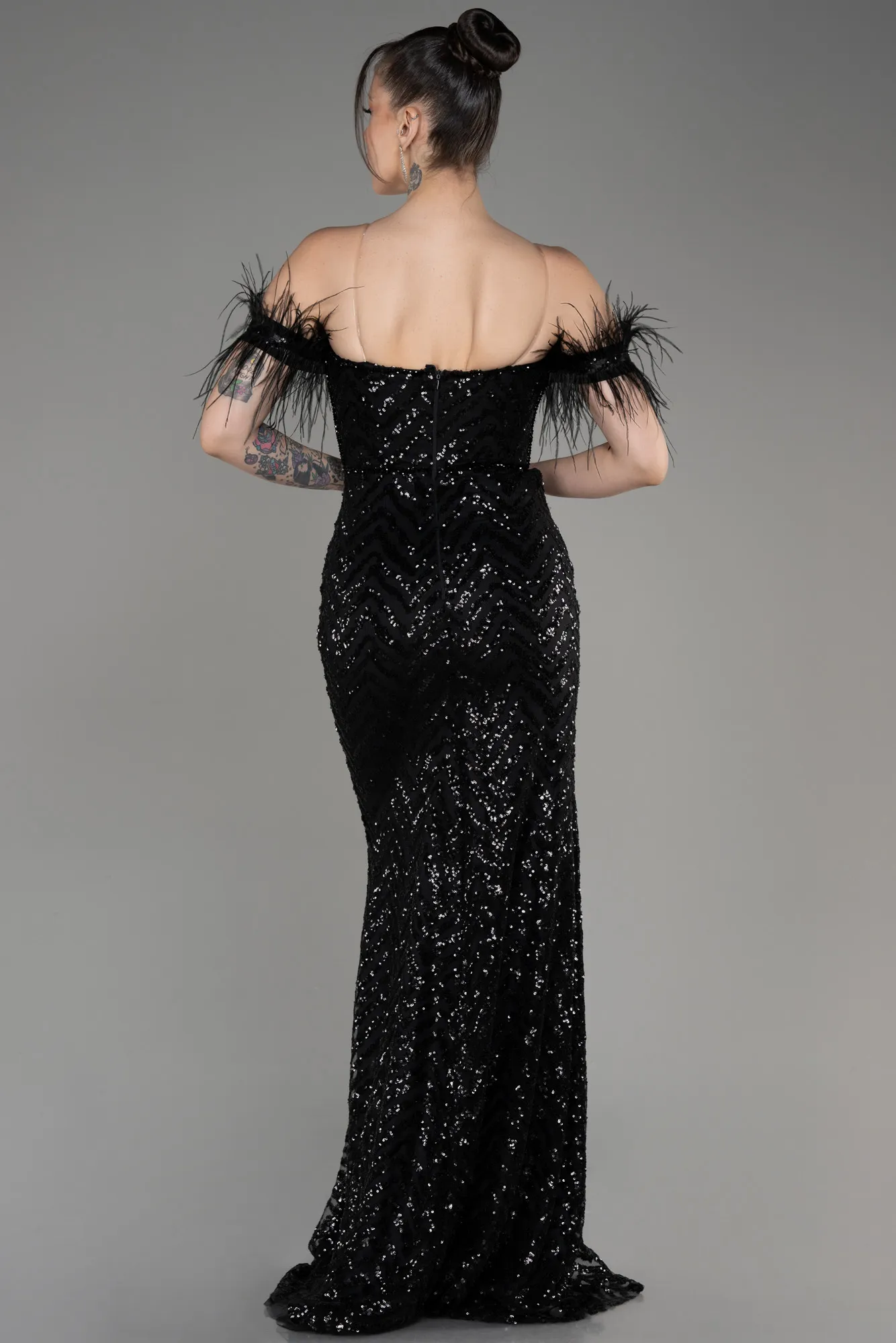 Black-Strapless Slit Long Sequined Evening Gown ABU3953