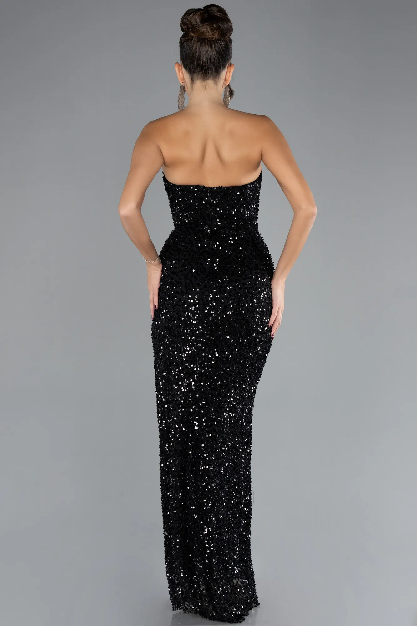 Black-Strapless Slit Long Sequined Evening Gown ABU4330