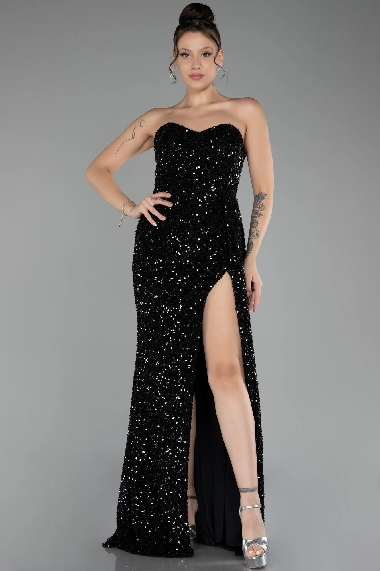 Black-Strapless Slit Long Sequined Prom Gown ABU4242