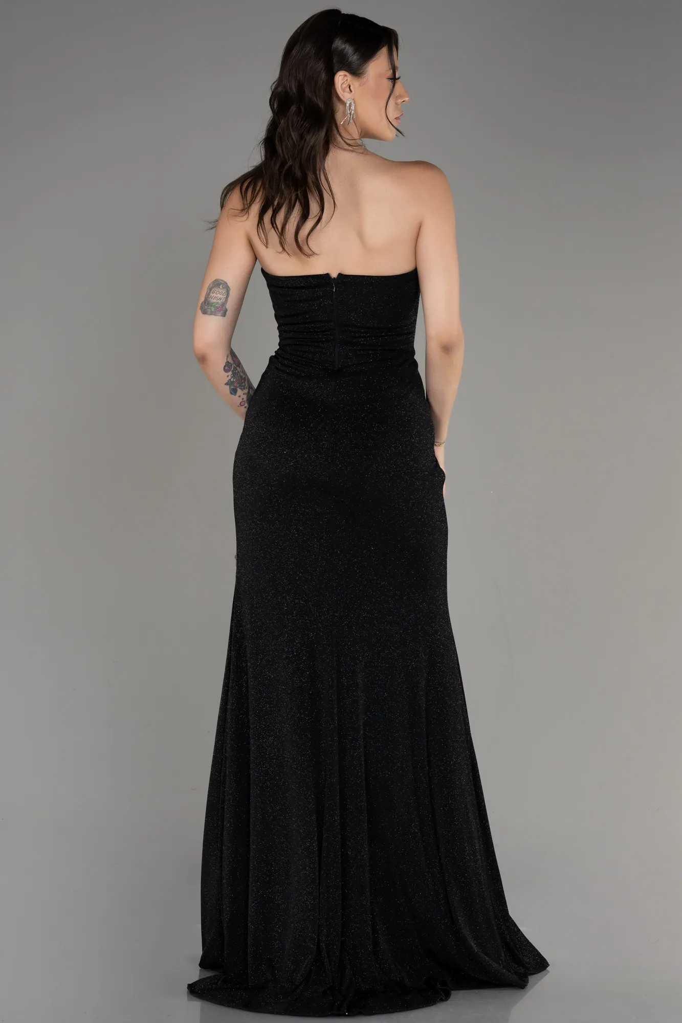 Black-Strapless Slit Long Silvery Evening Dress ABU4011