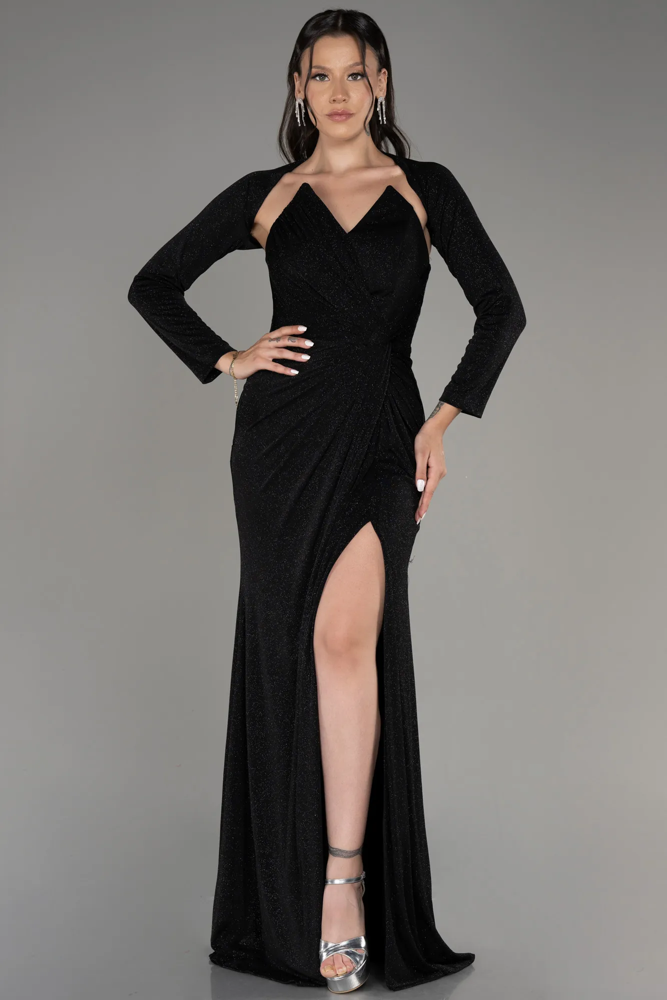 Black-Strapless Slit Long Silvery Evening Dress ABU4011