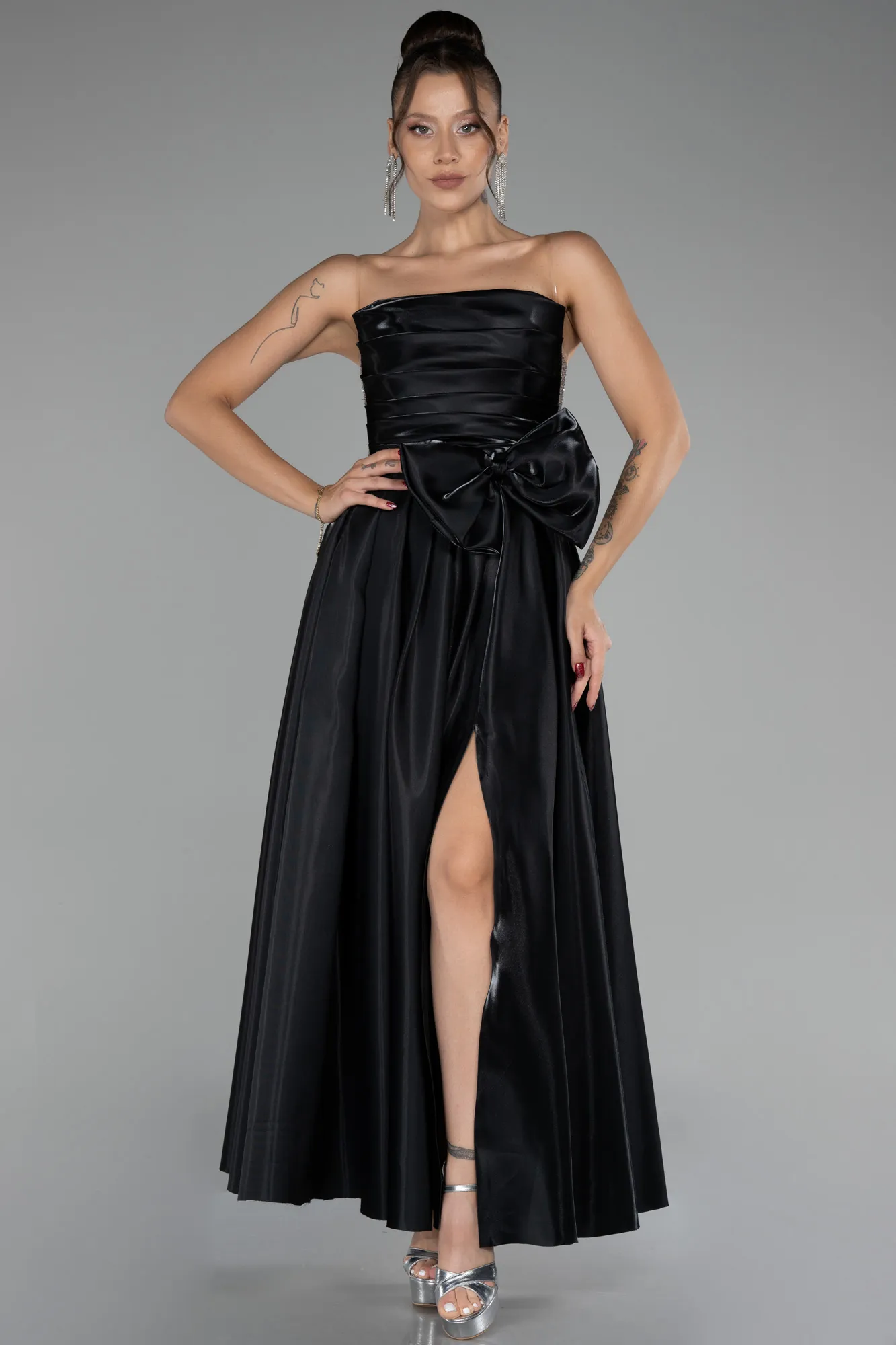 Black-Strapless Slit Midi Taffeta Evening Dress ABK2124