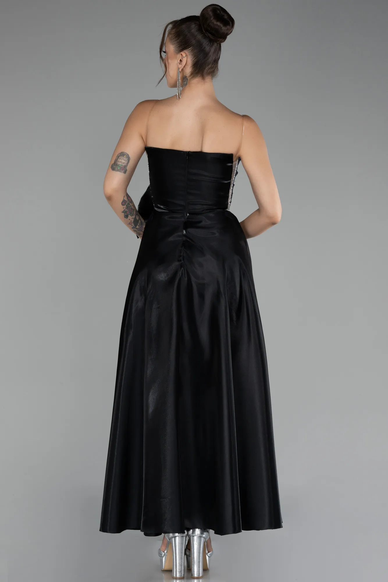 Black-Strapless Slit Midi Taffeta Evening Dress ABK2124