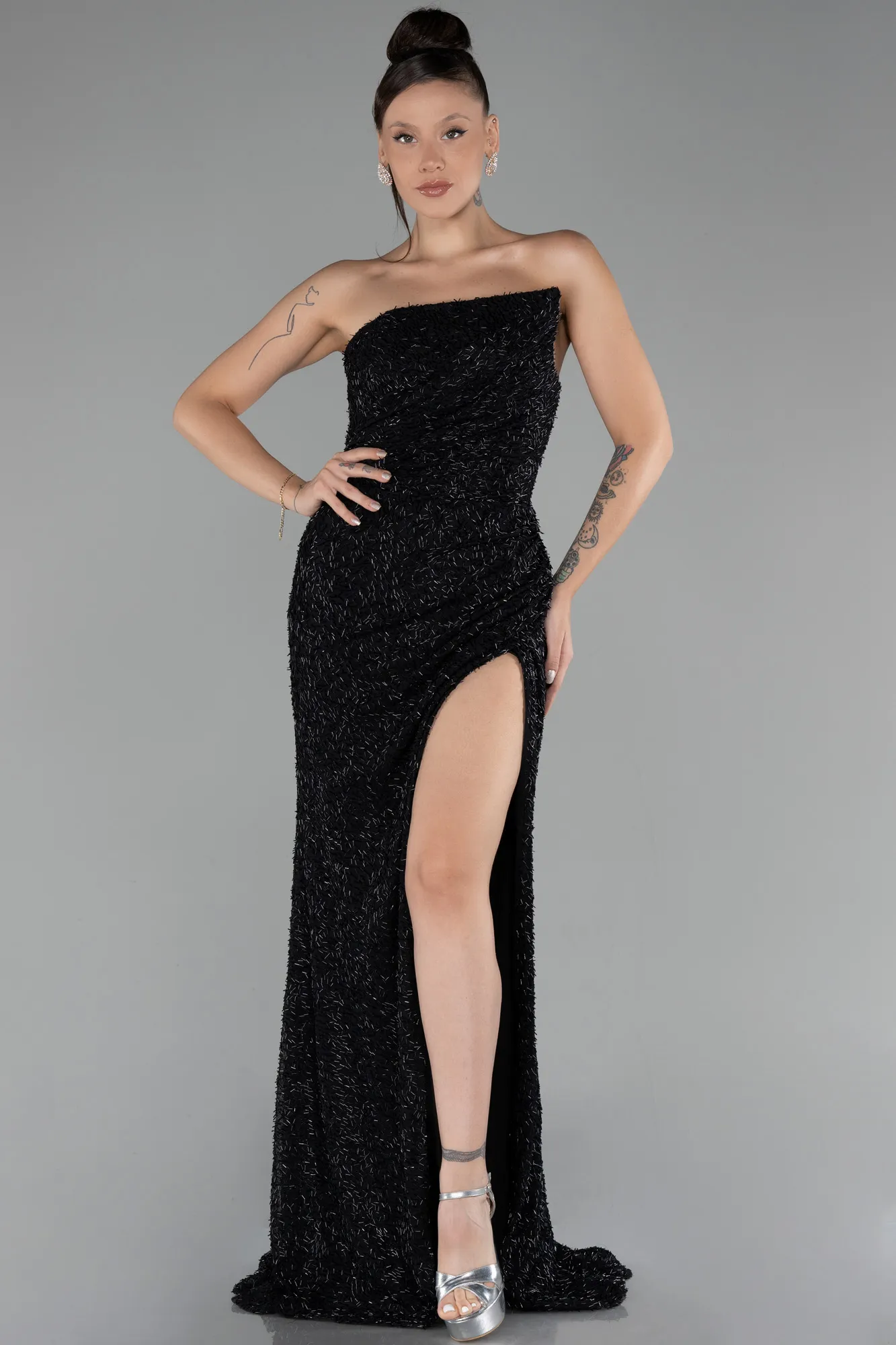 Black-Strapless Slit Scaly Prom Gown ABU4267