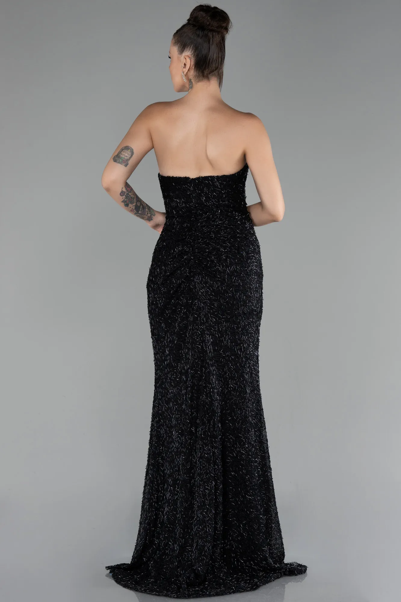 Black-Strapless Slit Scaly Prom Gown ABU4267