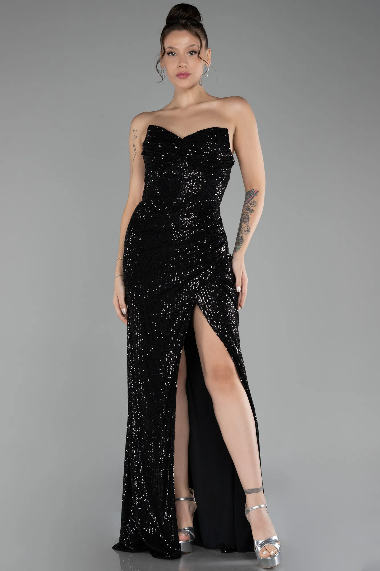 Black-Strapless Slit Sequined Long Evening Gown ABU4240