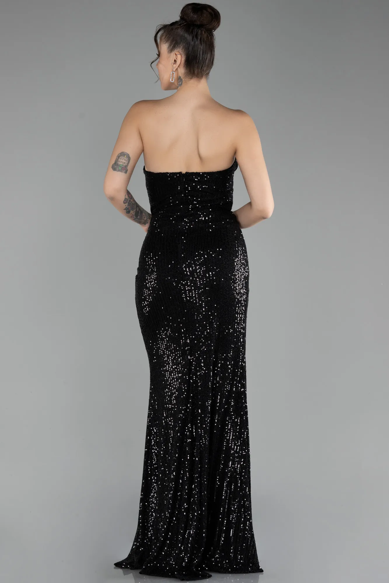 Black-Strapless Slit Sequined Long Evening Gown ABU4240