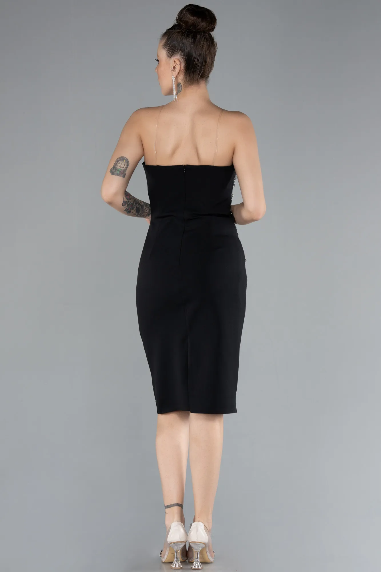 Black-Strapless Stone Midi Cocktail Dress ABK2211