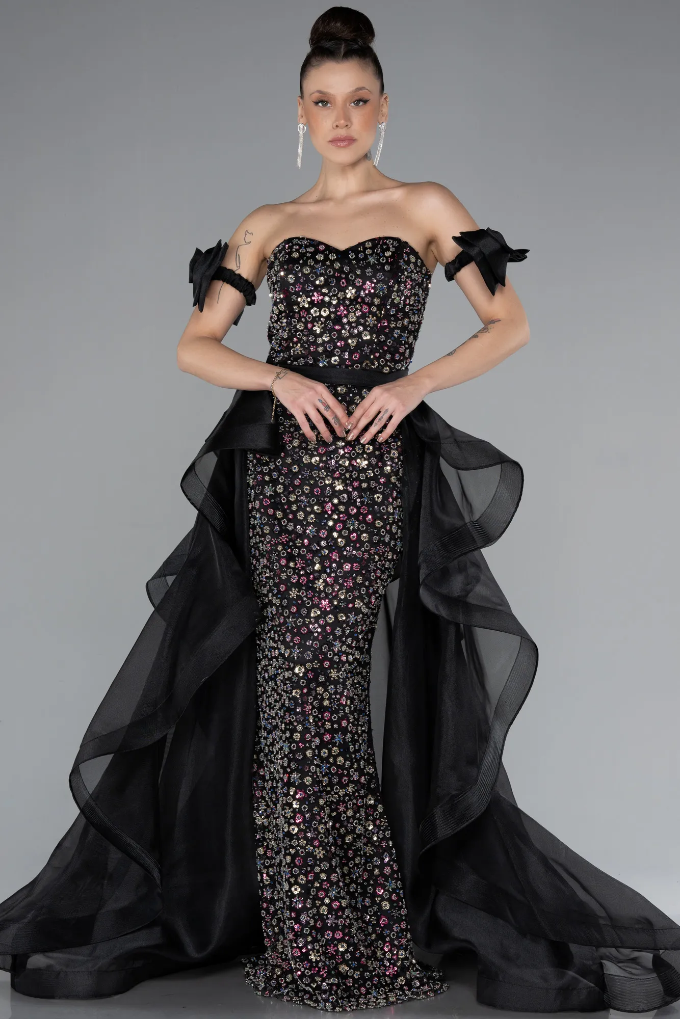 Black-Strapless Stone Tailed Long Special Design Evening Gown ABU4538