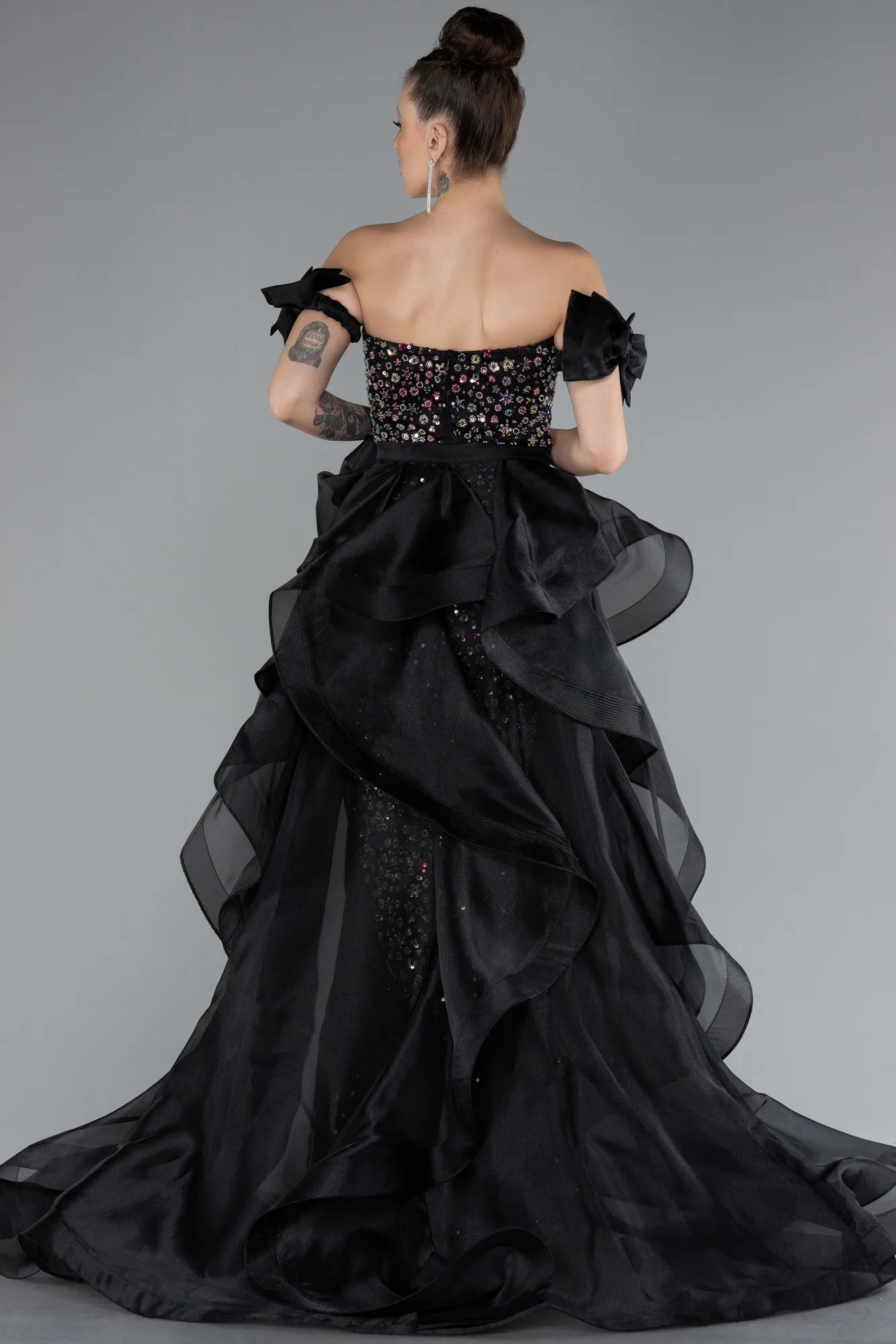 Black-Strapless Stone Tailed Long Special Design Evening Gown ABU4538