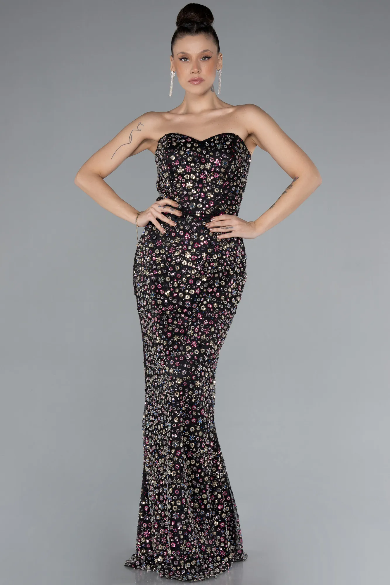 Black-Strapless Stone Tailed Long Special Design Evening Gown ABU4538