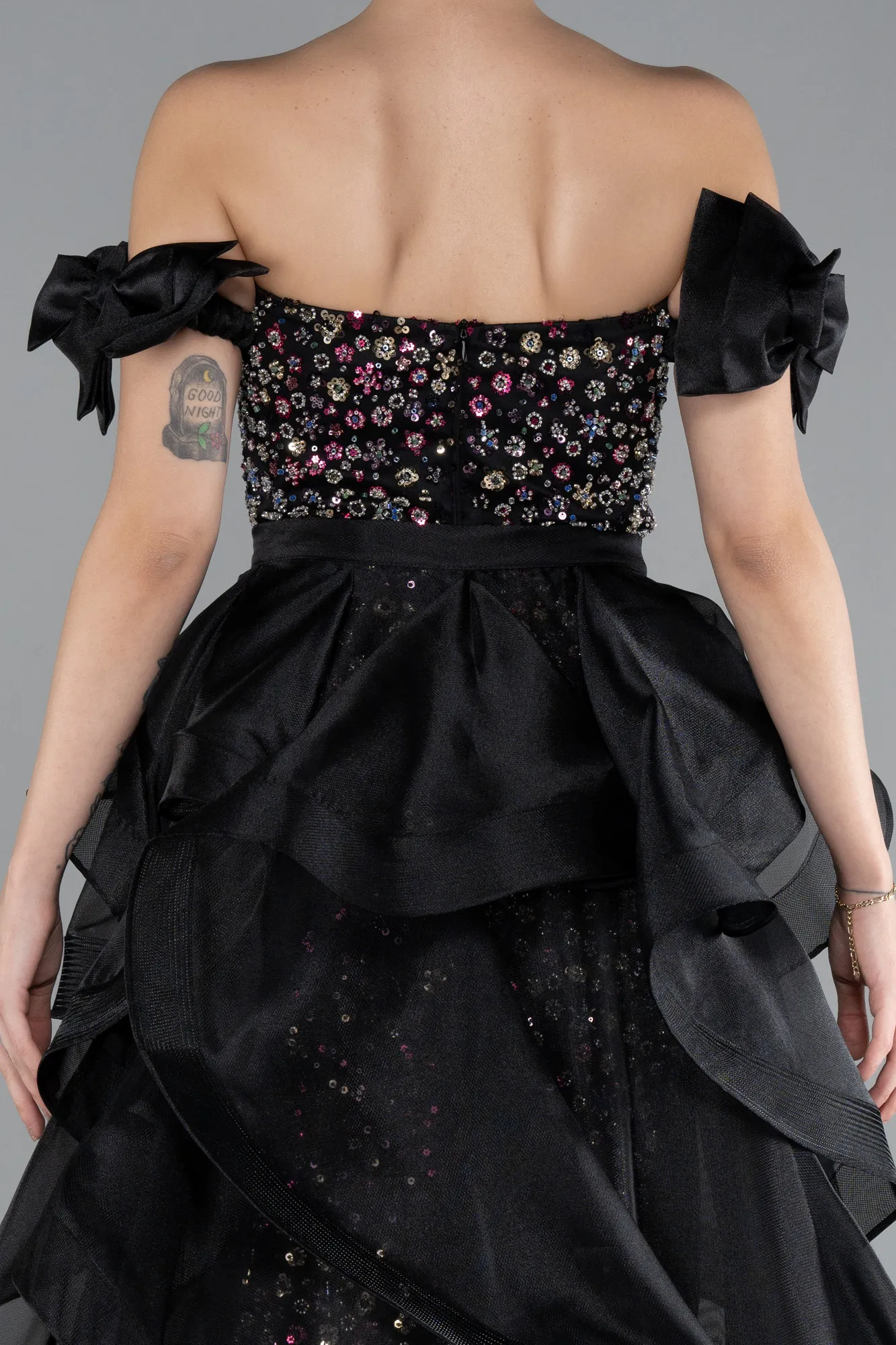 Black-Strapless Stone Tailed Long Special Design Evening Gown ABU4538