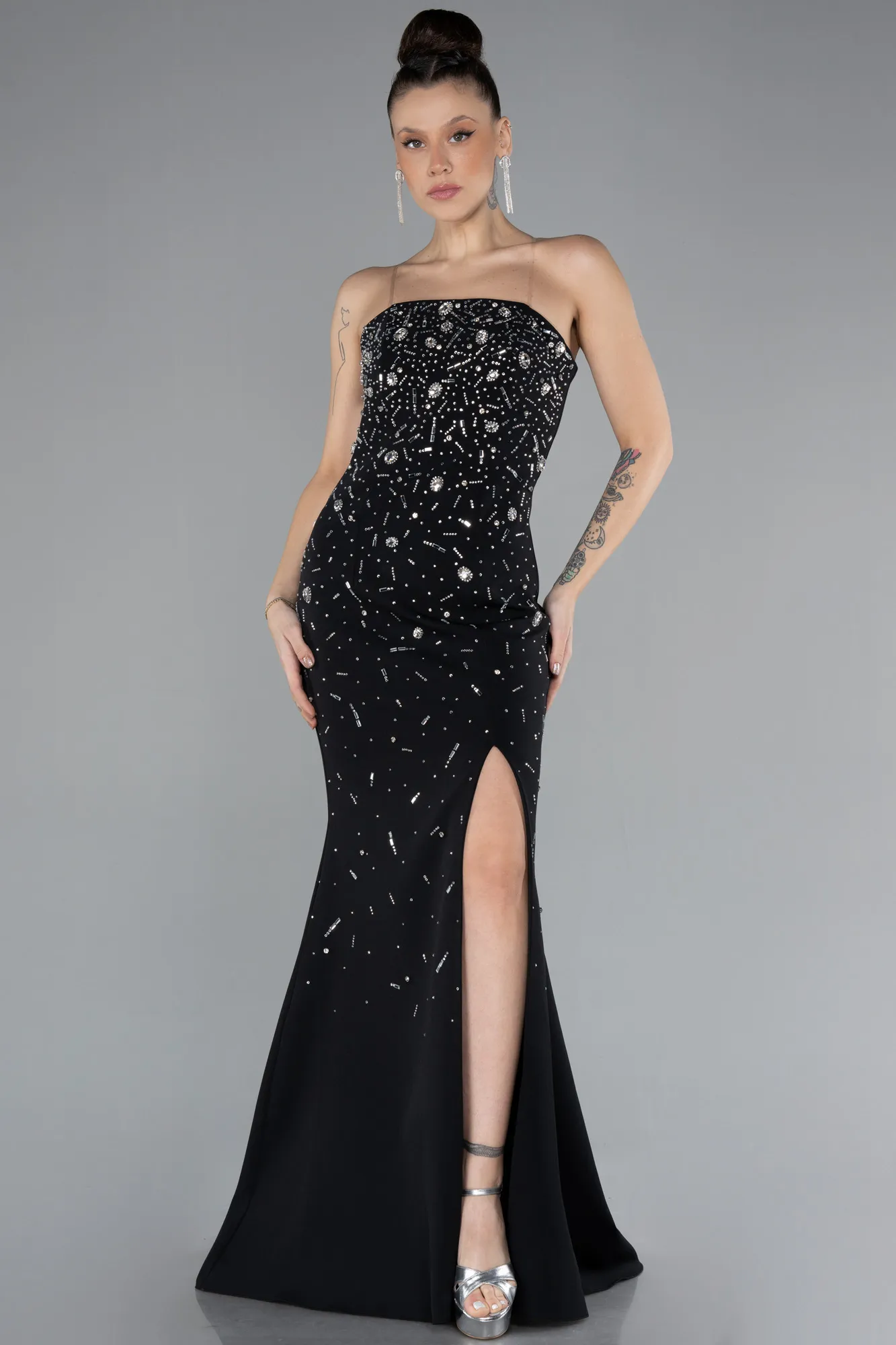 Black-Strapless Stoned Slit Long Evening Gown ABU4535